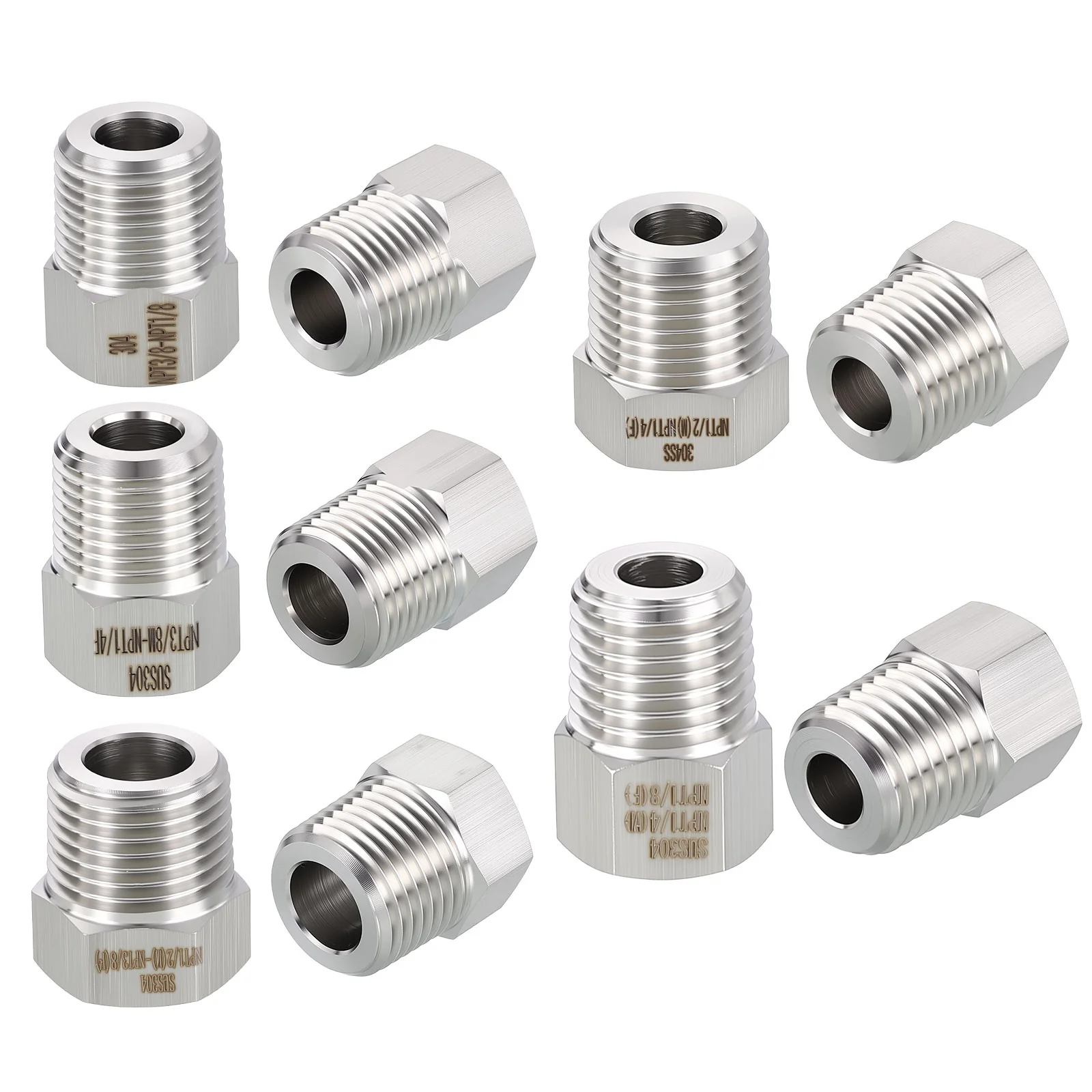 10Pack 304 Pipe Fitting,MNPT x FNPT,3/8"x1/4",1/4"x1/8",3/8"x1/8,1/2x3/8,1/2x1/4