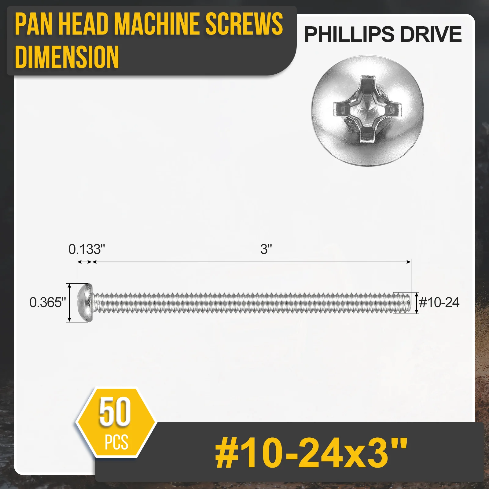 #10-24x3" Pan Head Machine Screws - 50pcs - 304 Stainless Steel -Silver - Image 2