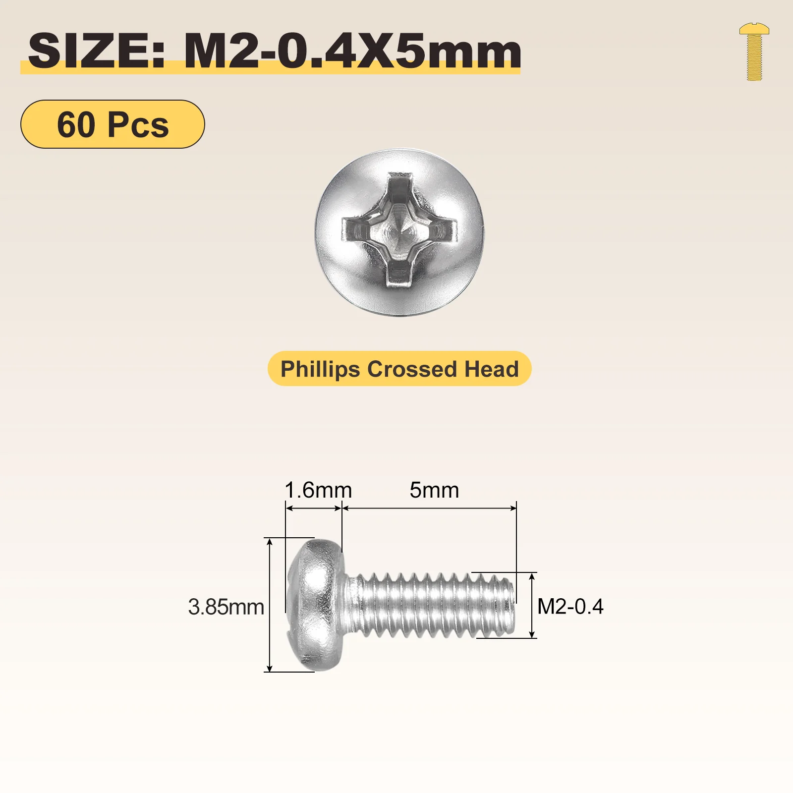 Cross Drive Pan Head Bolts M2-0.4x5 60Pcs Stainless Steel for DIY, Silver - Image 2