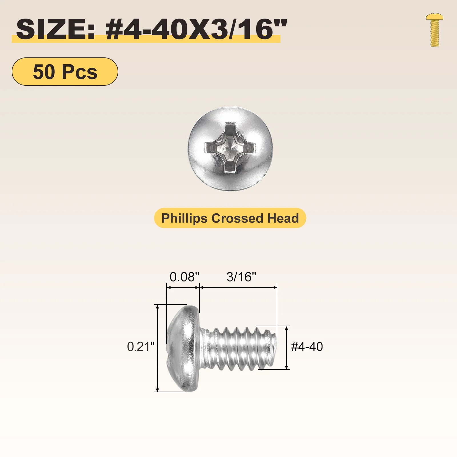 Cross Drive Pan Head Bolts #4-40x3/16" 50Pcs Stainless Steel for DIY, Silver - Image 2