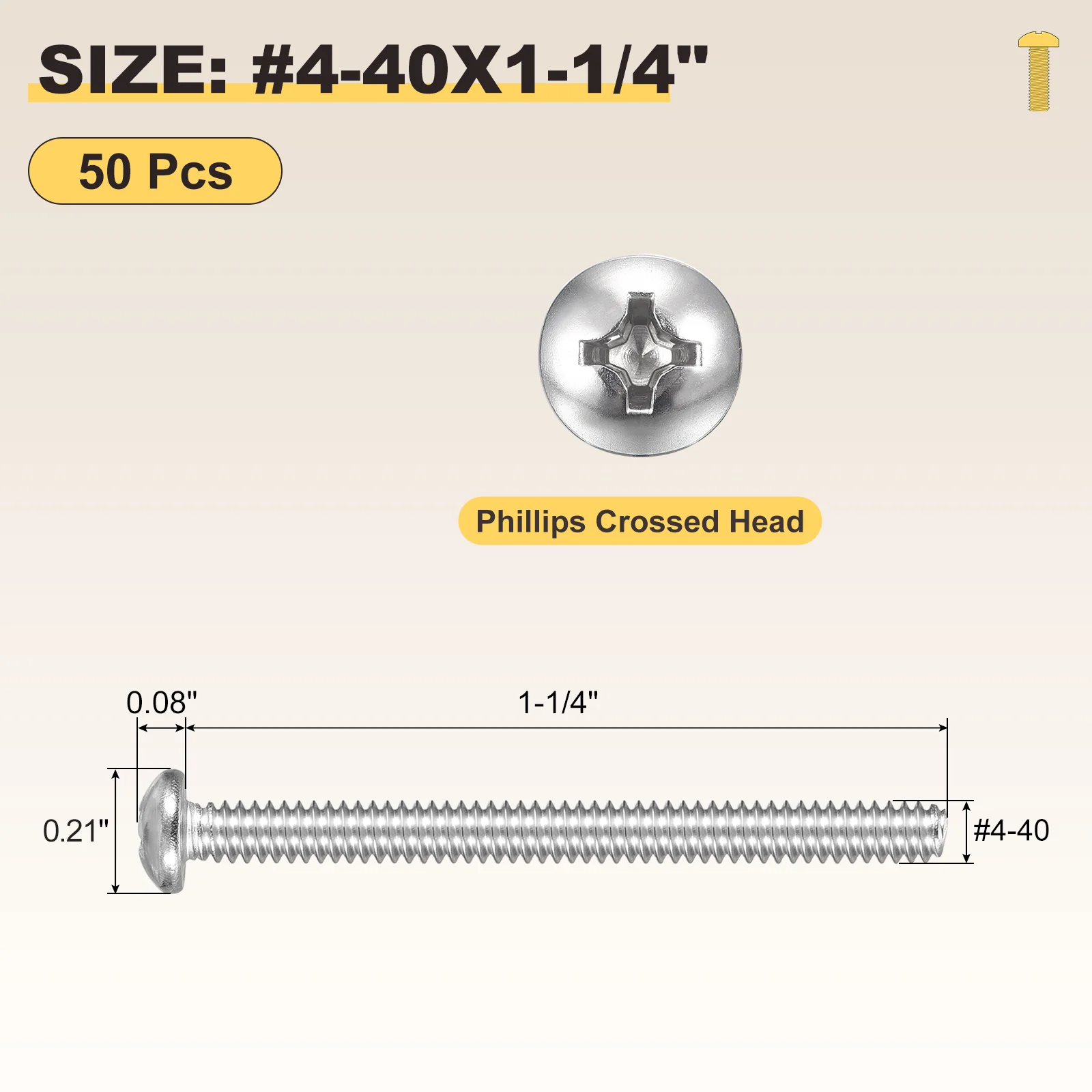 Cross Drive Pan Head Bolts #4-40x1-1/4" 50Pcs Stainless Steel for DIY, Silver - Image 2