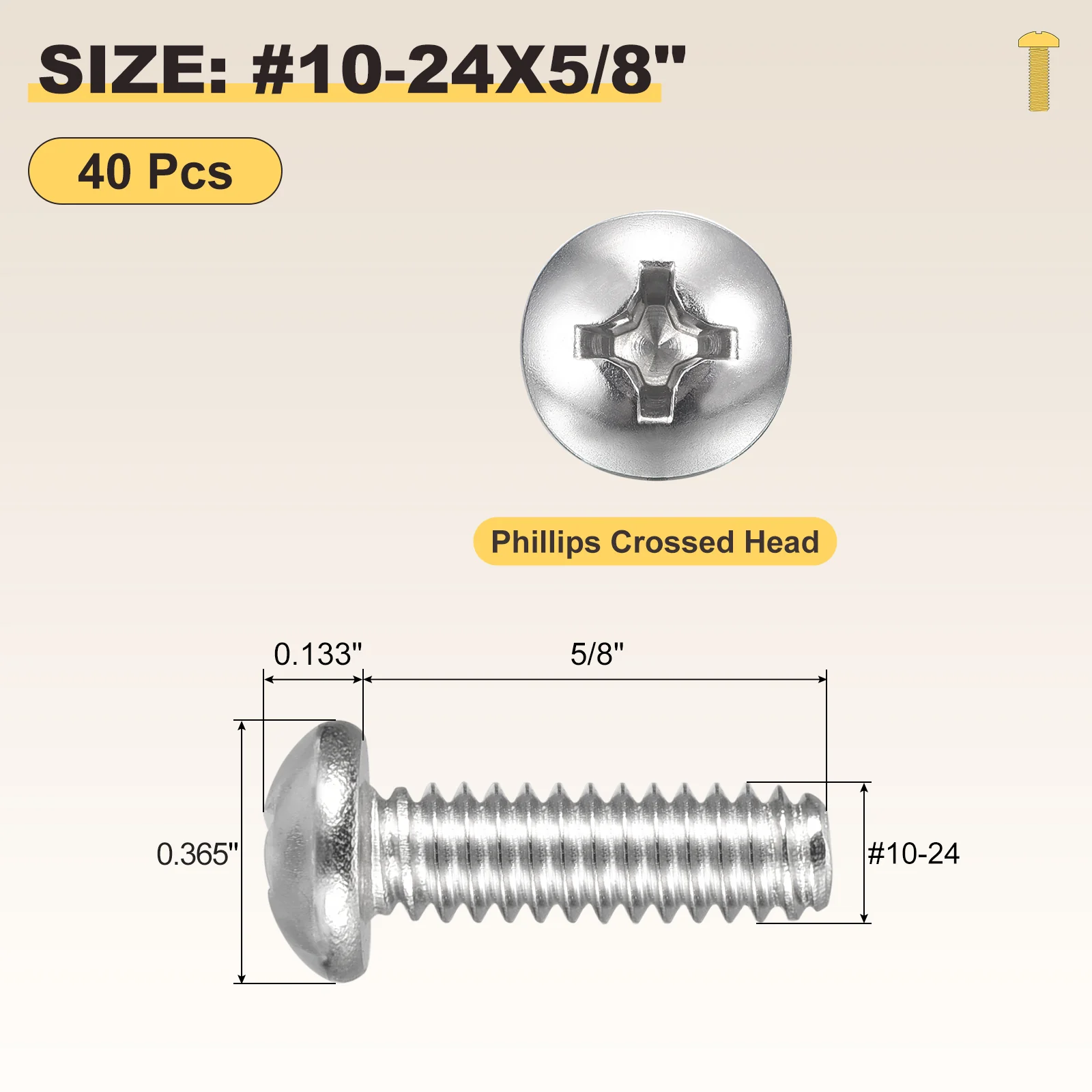 Cross Drive Pan Head Bolts #10-24x5/8" 40Pcs Stainless Steel for DIY, Silver - Image 2