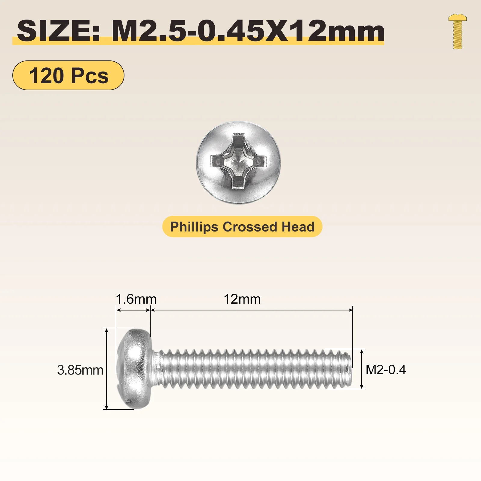 Cross Drive Pan Head Bolts M2.5-0.45x12 120Pcs Stainless Steel for DIY, Silver - Image 2