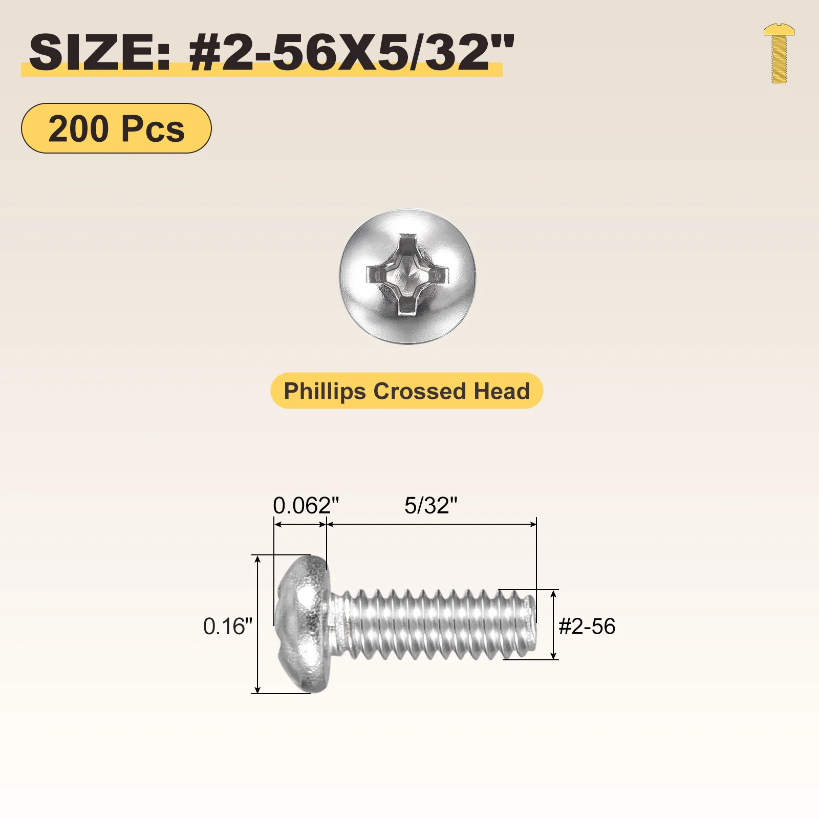 Cross Drive Pan Head Bolts #2-56x5/32" 200Pcs Stainless Steel for DIY, Silver - Image 2