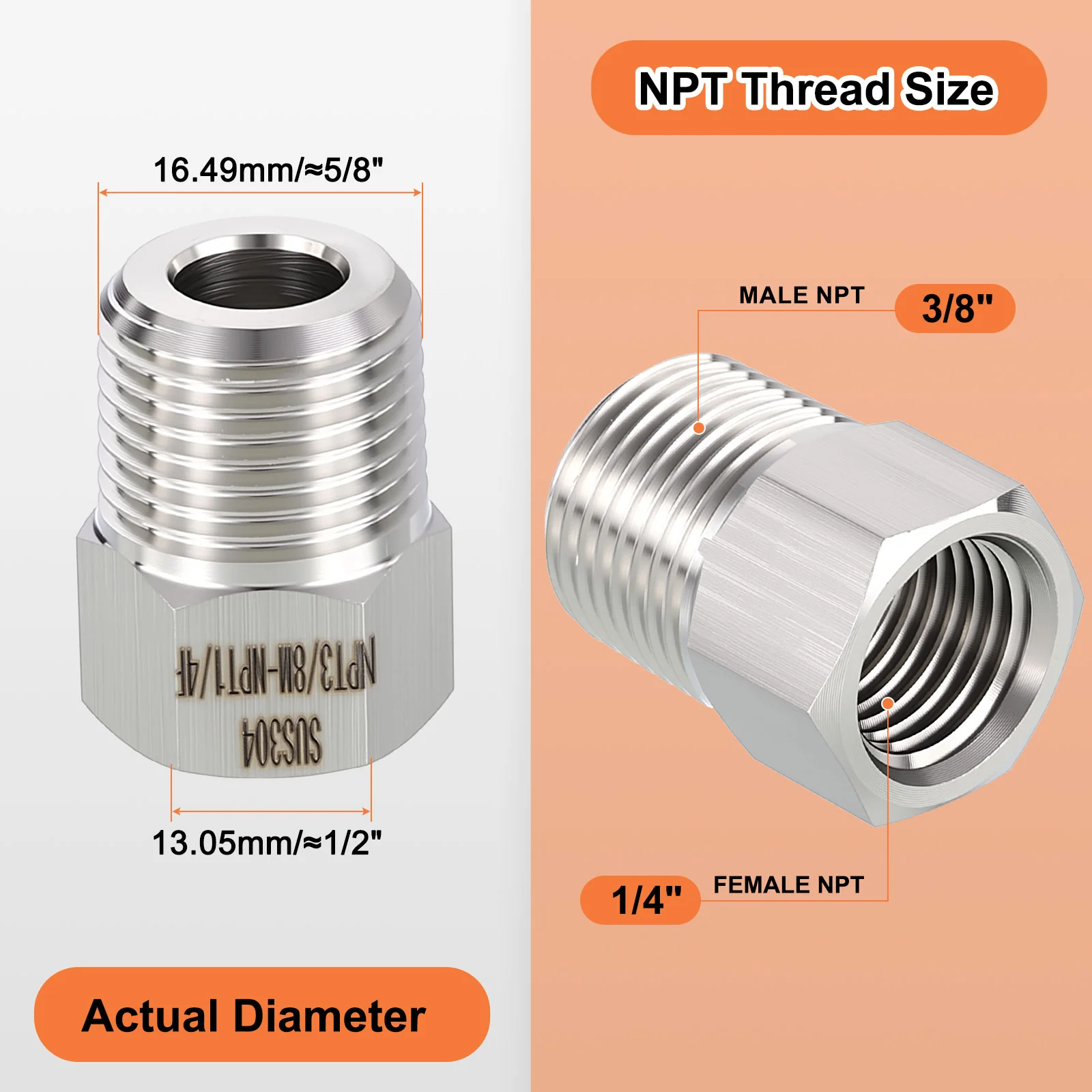 15 Pack 304 Stainless Male to FeMale Adapter, 3/8" Male NPT x 1/4" FNPT W/Tapes - Image 2
