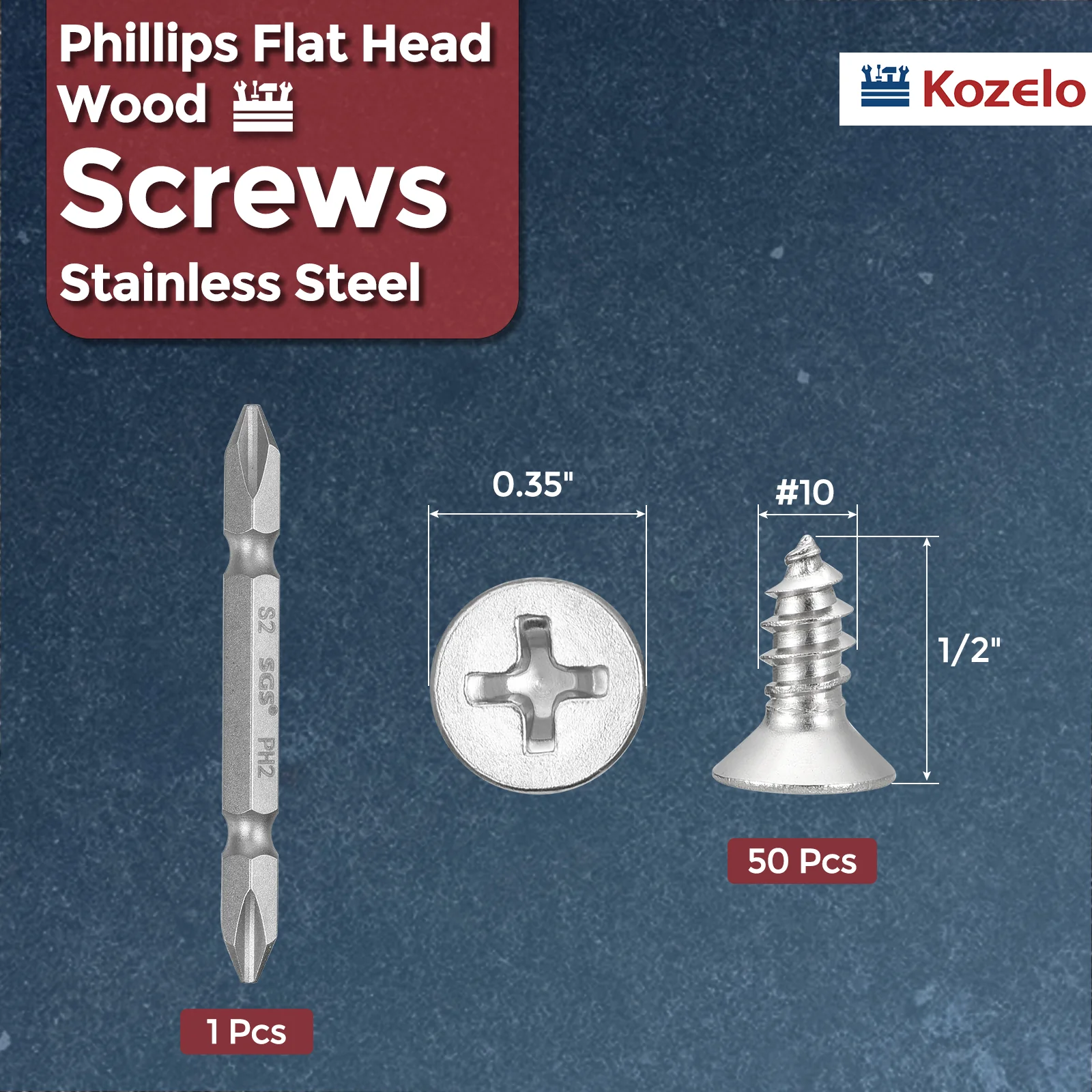 51pcs Phillips Flat Head Wood Screws with Bit - [#10x1/2"] 304 Stainless Steel - Image 2
