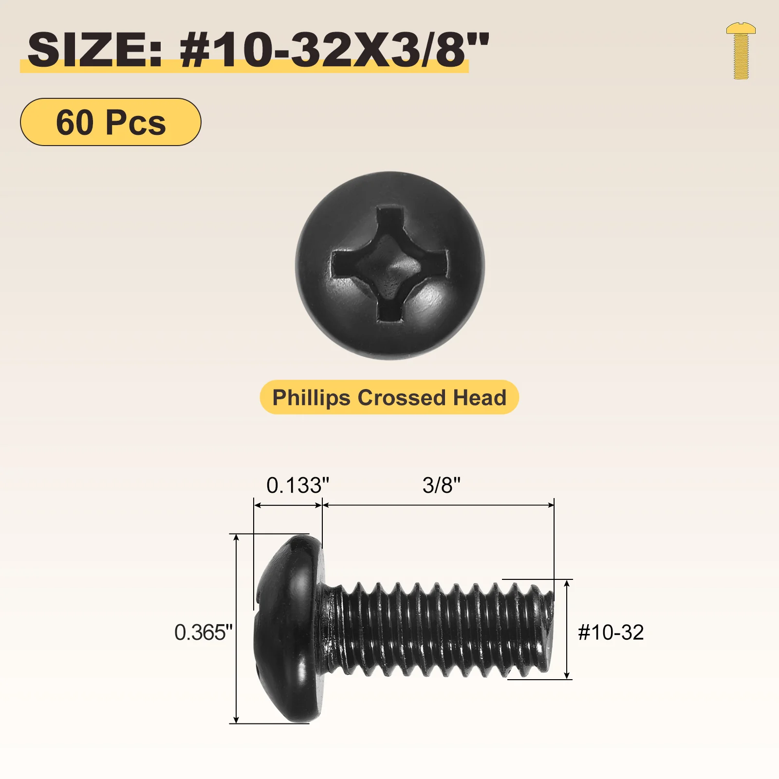 Phillips Pan Head Bolts #10-32x3/8" 60Pcs Carbon Steel for Door Window Black - Image 2