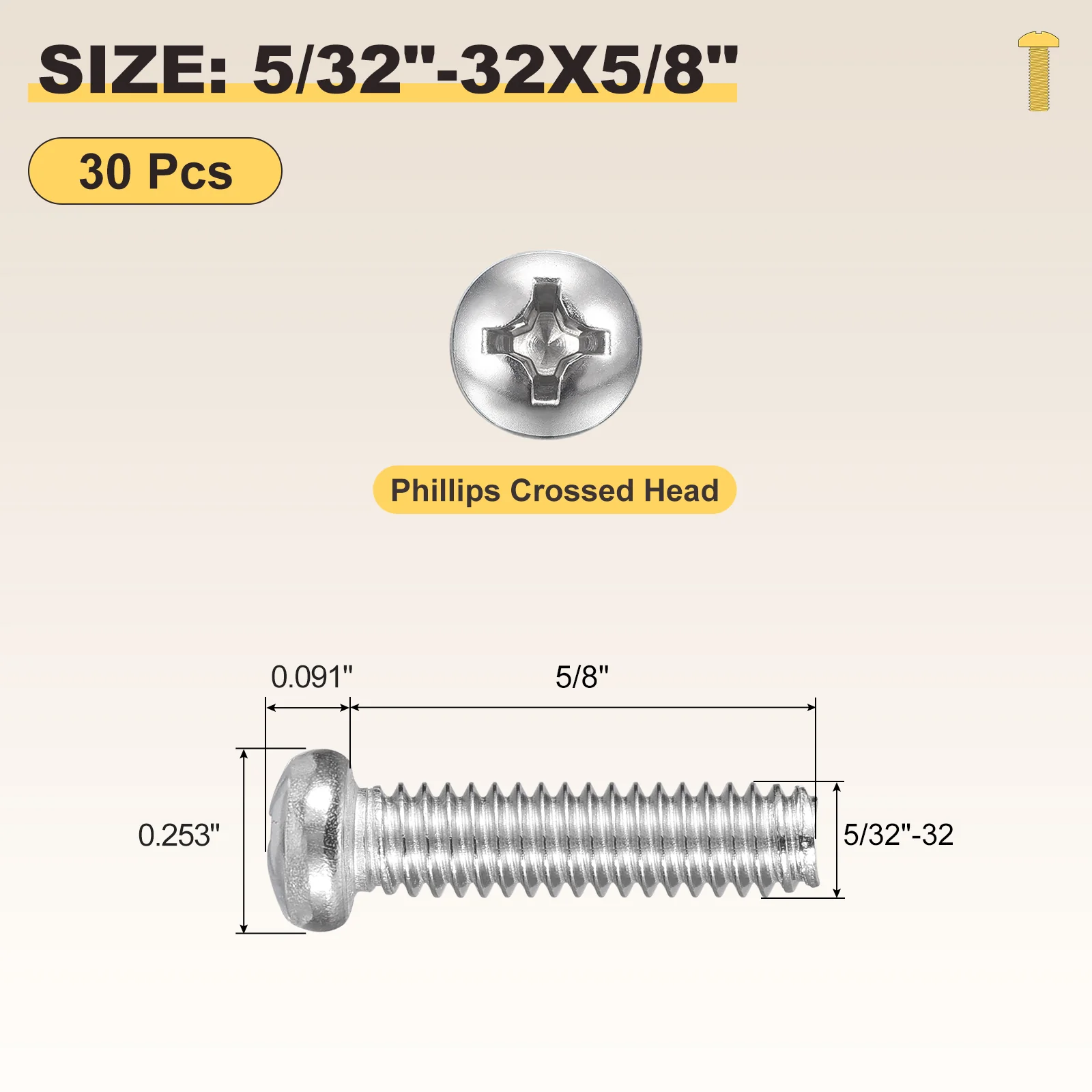 Cross Drive Pan Head Bolts 5/32"-32x5/8" 30Pcs Stainless Steel for DIY, Silver - Image 2