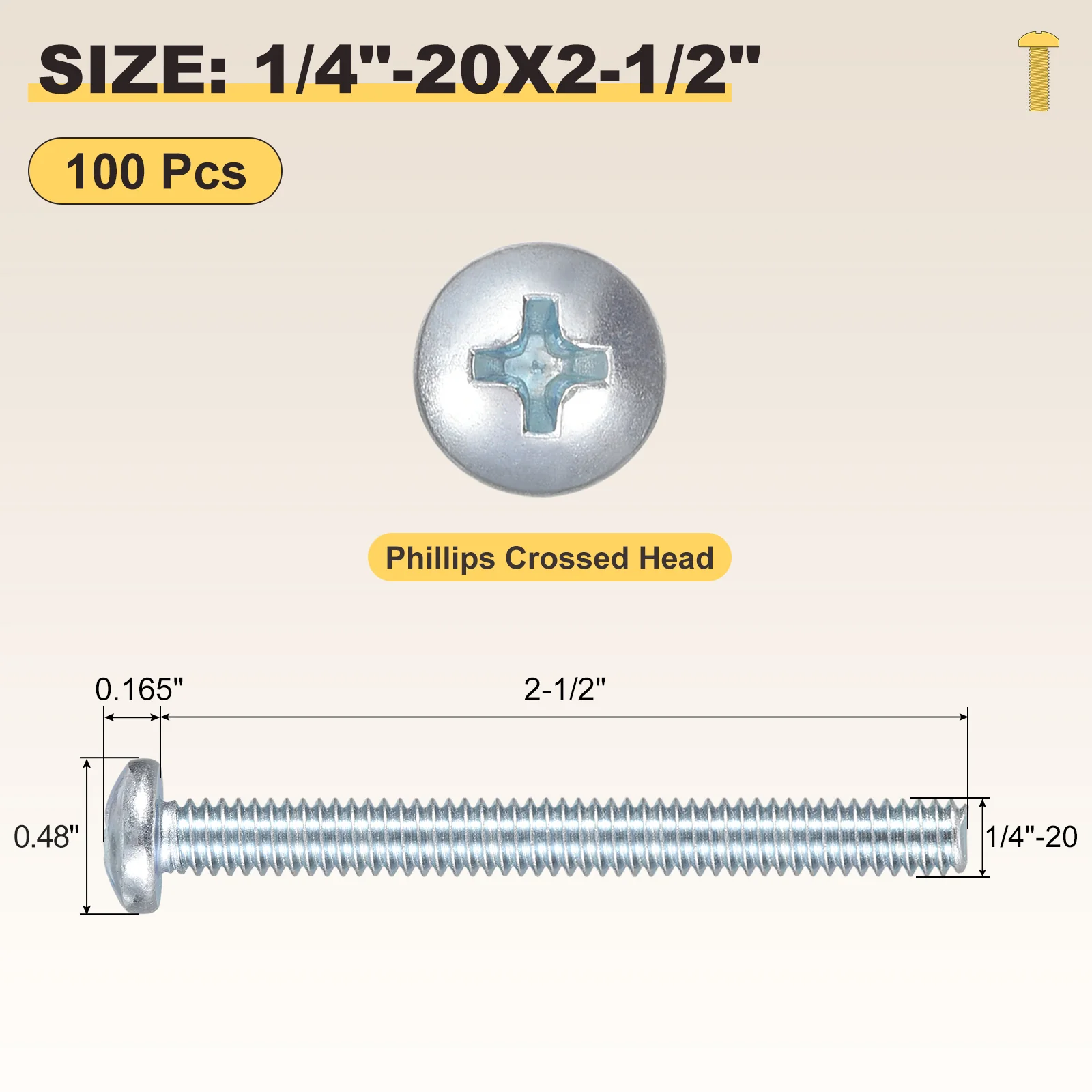 Cross Drive Pan Head Bolt 1/4"-20x2-1/2" 100Pcs Carbon Steel Blue-tinged Silver - Image 2