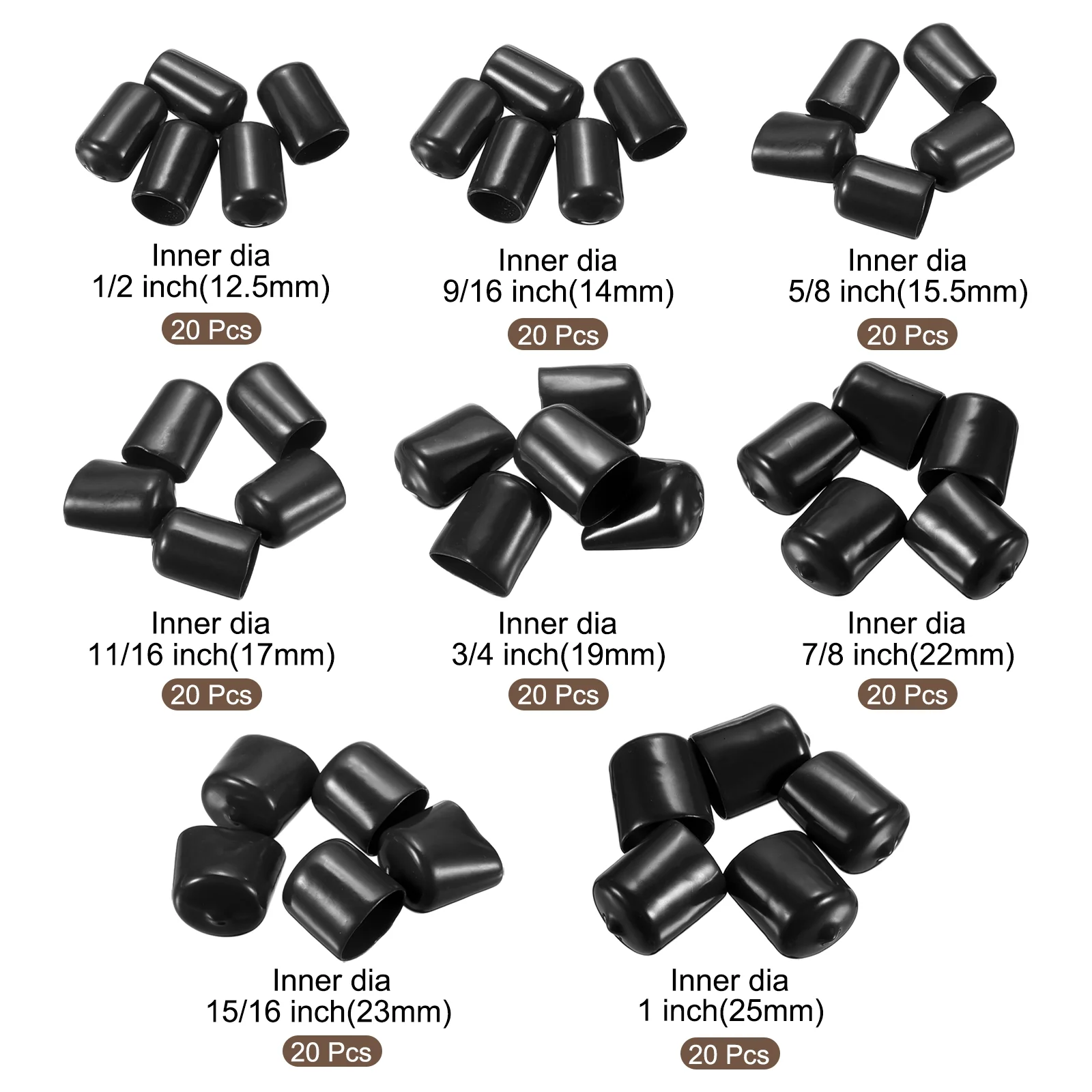 160pcs Round End Protective Caps 12.5/14/15.5/17/19/22/23/25mm Black - Image 2