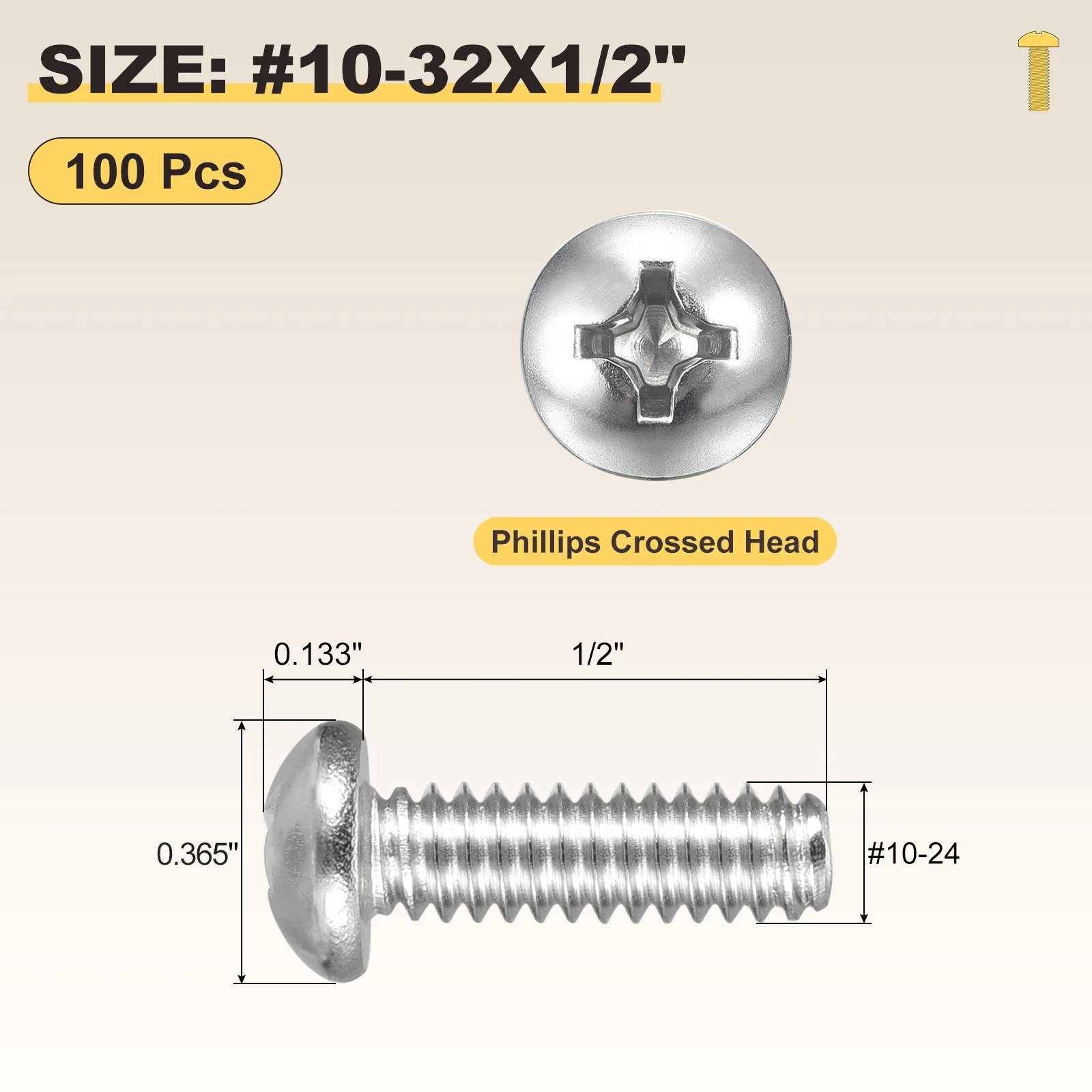 Cross Drive Pan Head Bolts #10-32x1/2" 100Pcs Stainless Steel for DIY, Silver - Image 2