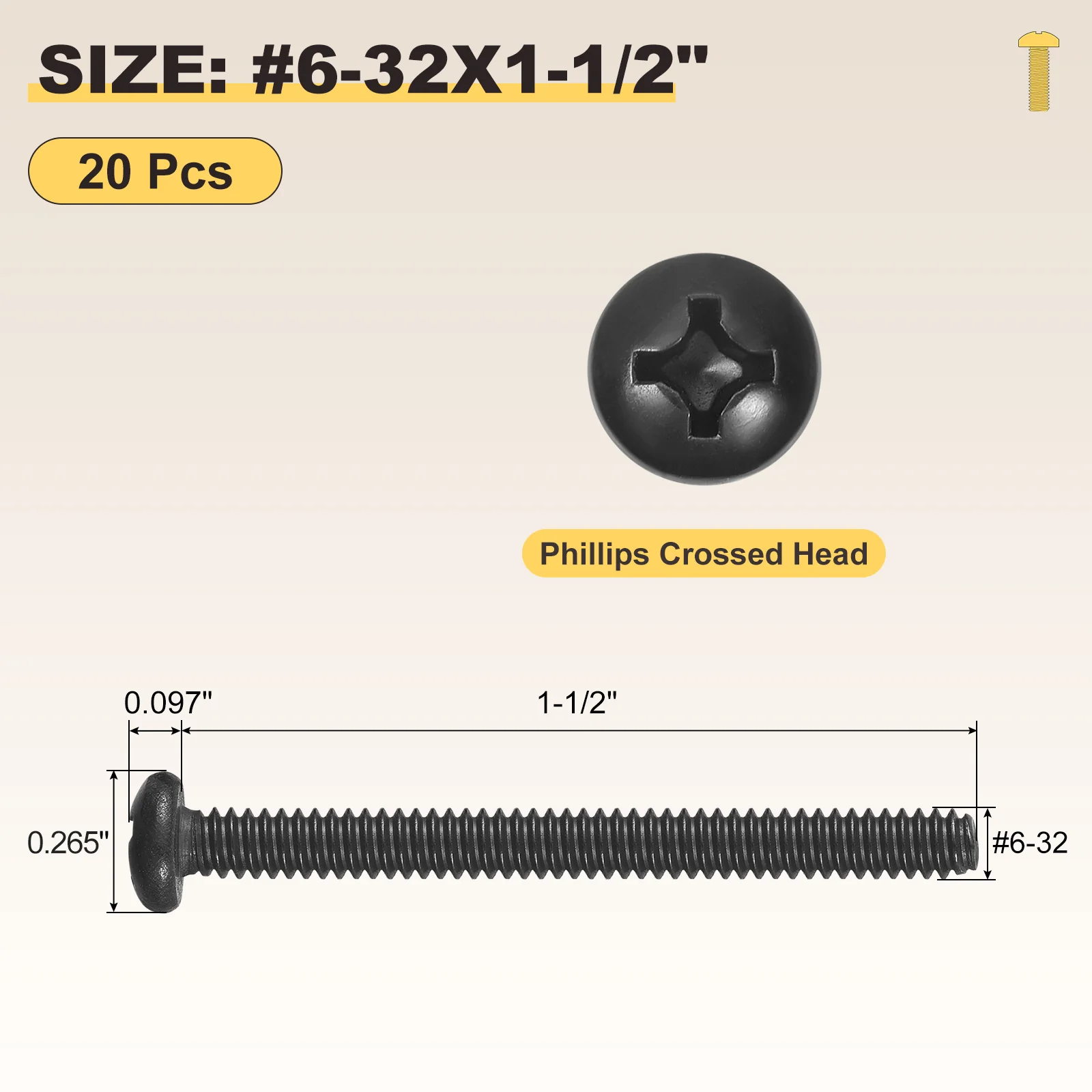 Phillips Pan Head Bolts #6-32x1-1/2" 20Pcs Carbon Steel for Door Window Black - Image 2