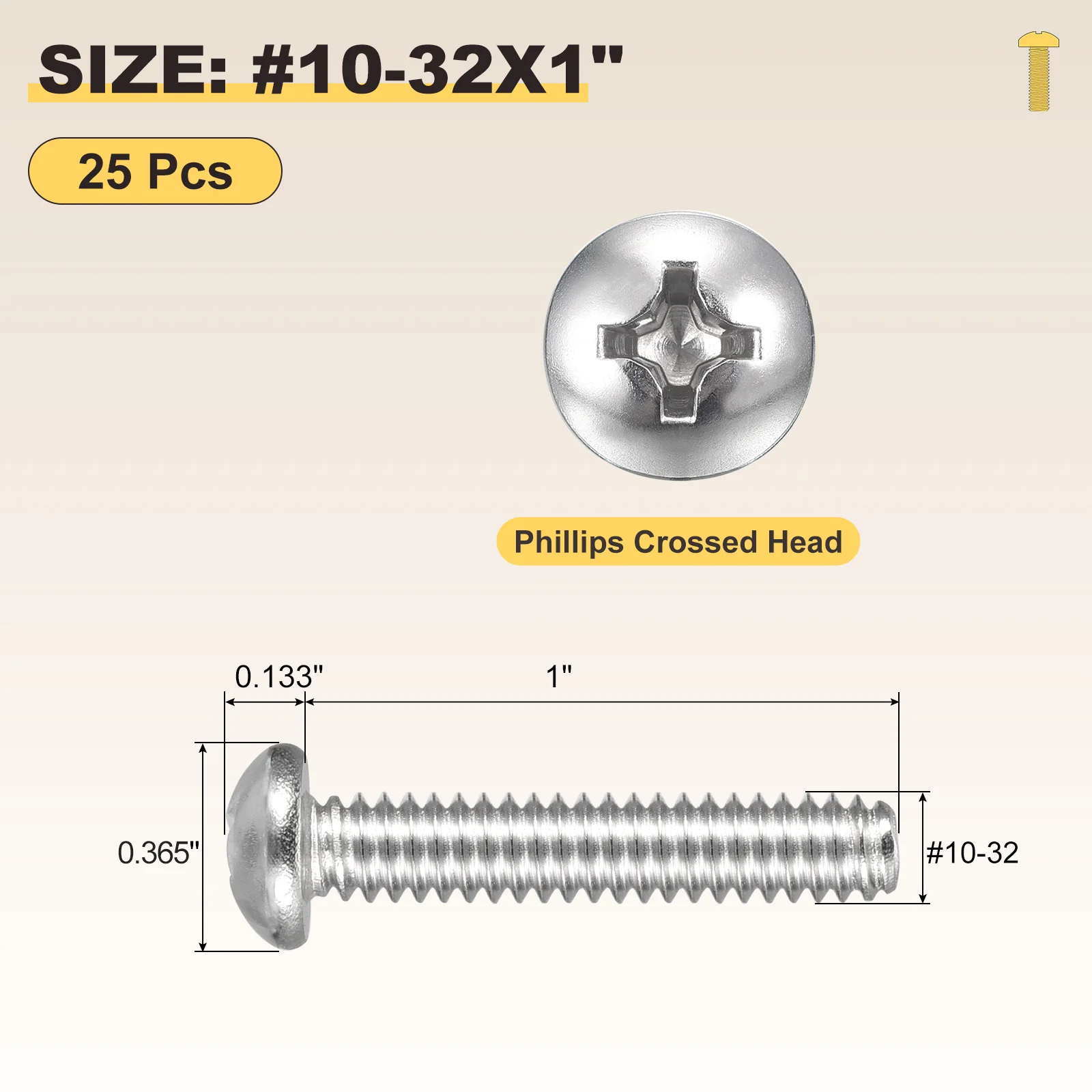 Cross Drive Pan Head Bolts #10-32x1" 25Pcs Stainless Steel for DIY, Silver - Image 2