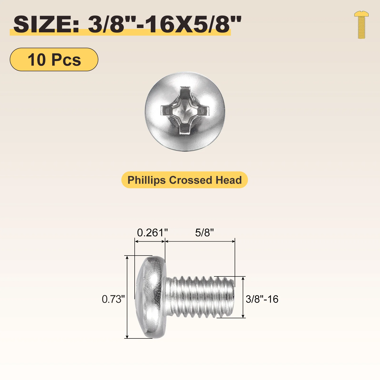 Cross Drive Pan Head Bolts 3/8"-16x5/8" 10Pcs Stainless Steel for DIY, Silver - Image 2