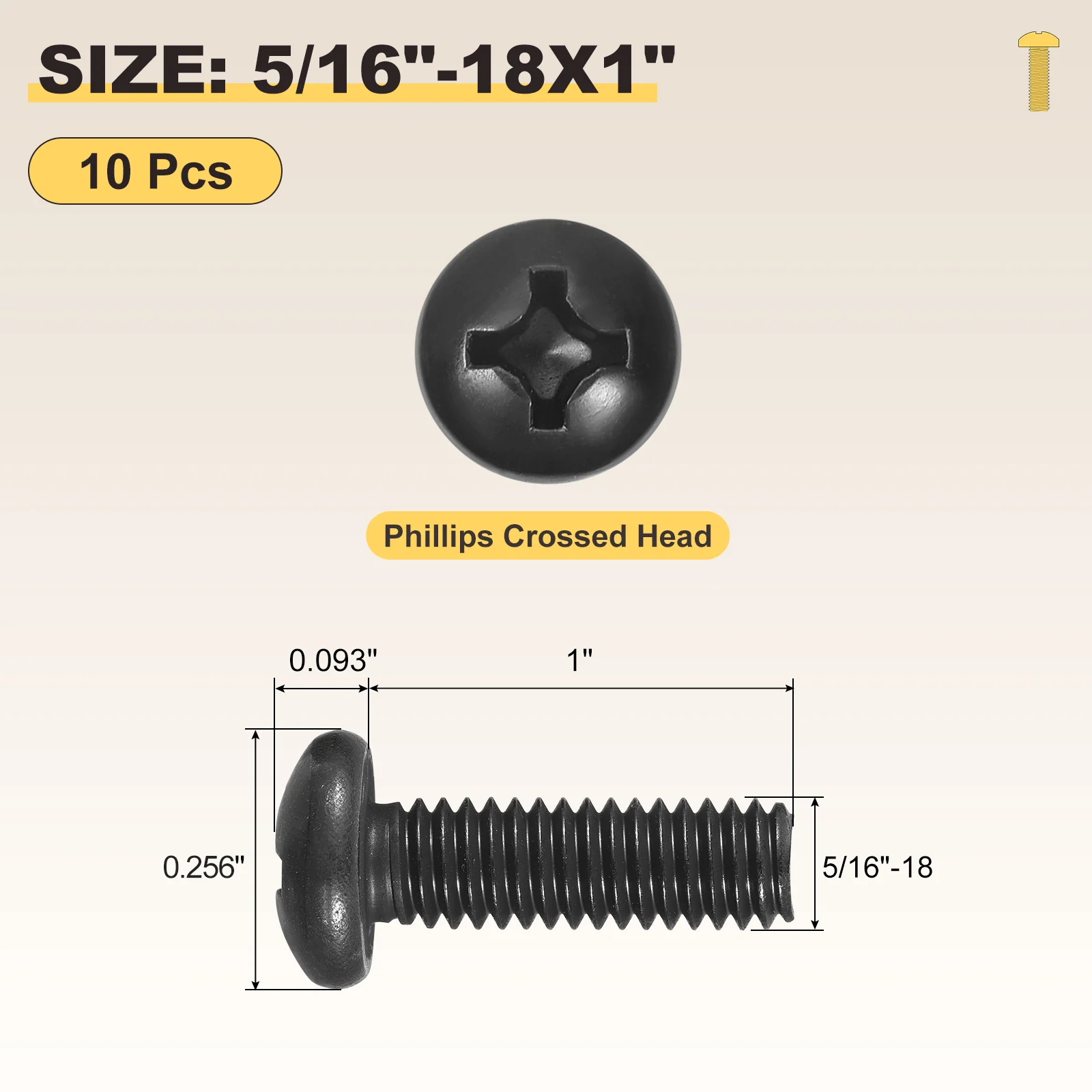 Phillips Pan Head Bolts 5/16"-18x1" 10Pcs Stainless Steel for Door Window - Image 2