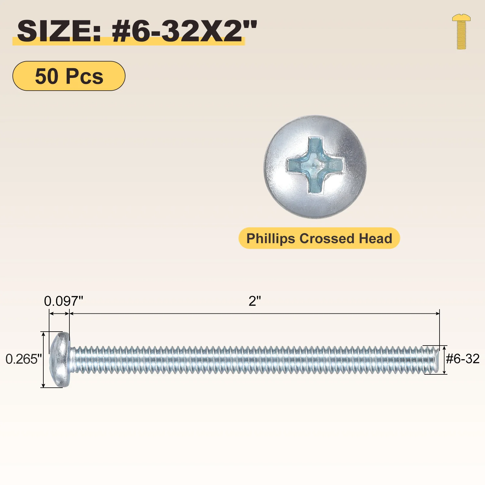 Cross Drive Pan Head Bolt #6-32x2" 50Pcs Carbon Steel Blue-tinged Silver - Image 2