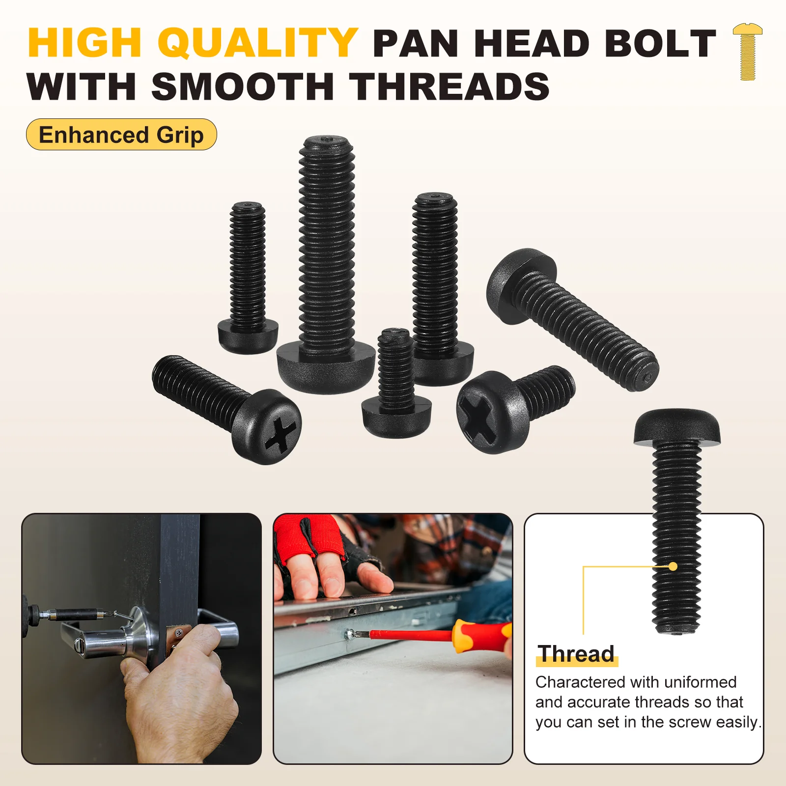 Phillips Pan Head Bolts M3-0.5x15 250Pcs Nylon Black for Door Window - Image 5
