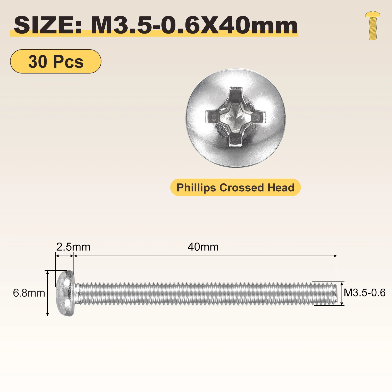 Cross Drive Pan Head Bolts M3.5-0.6x40 30Pcs Stainless Steel for DIY, Silver - Image 2