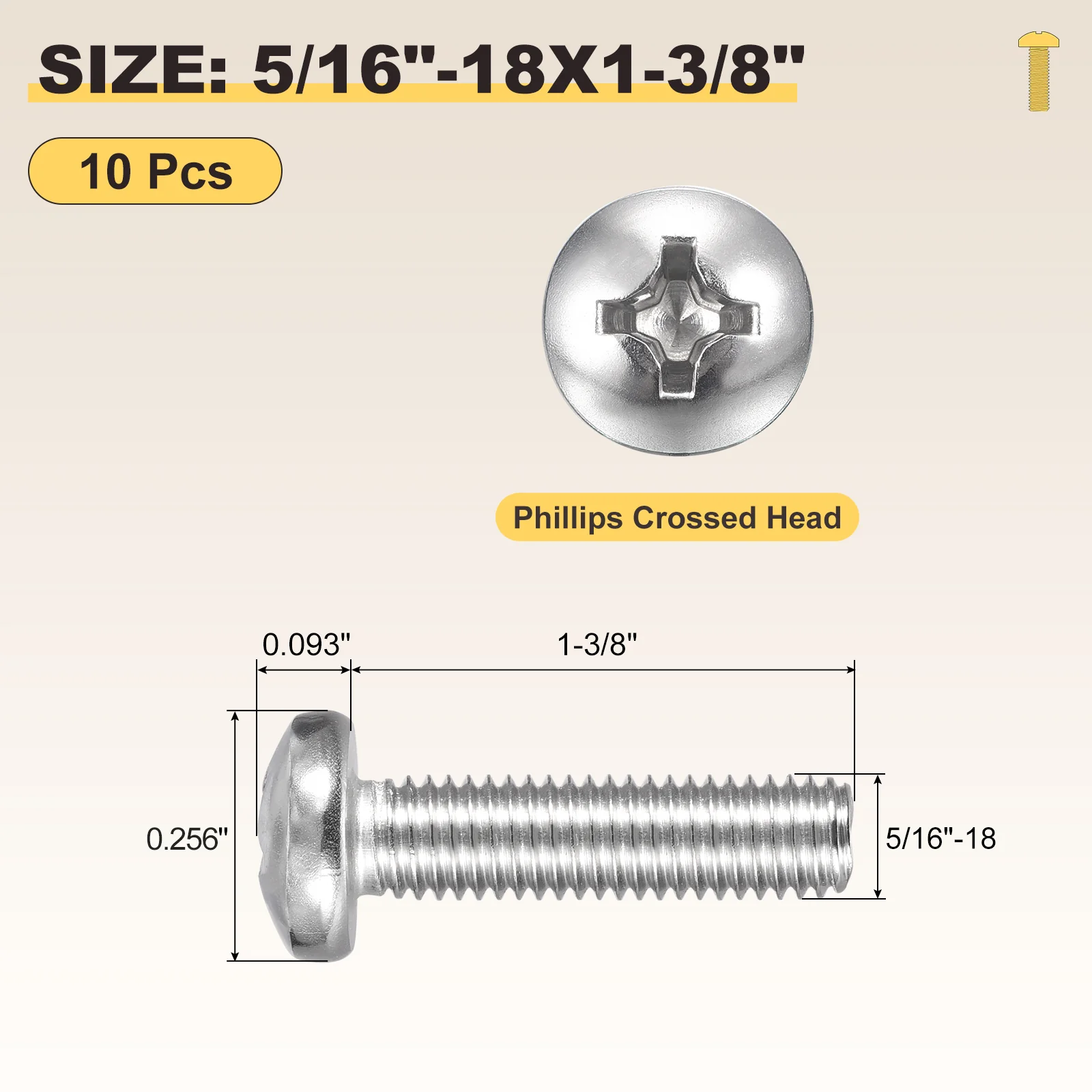 Cross Drive Pan Head Bolts 5/16"-18x1-3/8" 10Pcs Stainless Steel for DIY Silver - Image 2