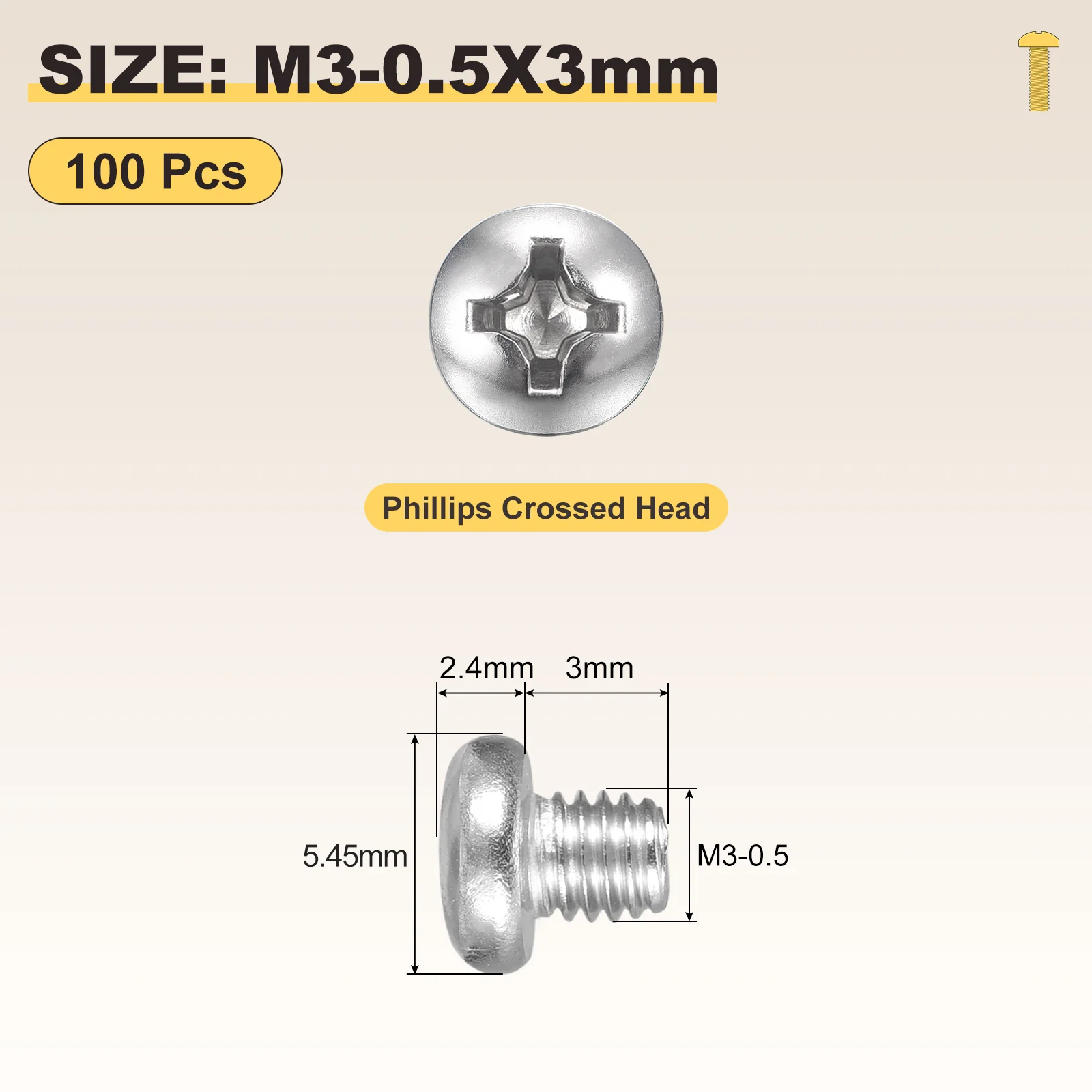 Cross Drive Pan Head Bolts M3-0.5x3 100Pcs Stainless Steel for DIY, Silver - Image 2