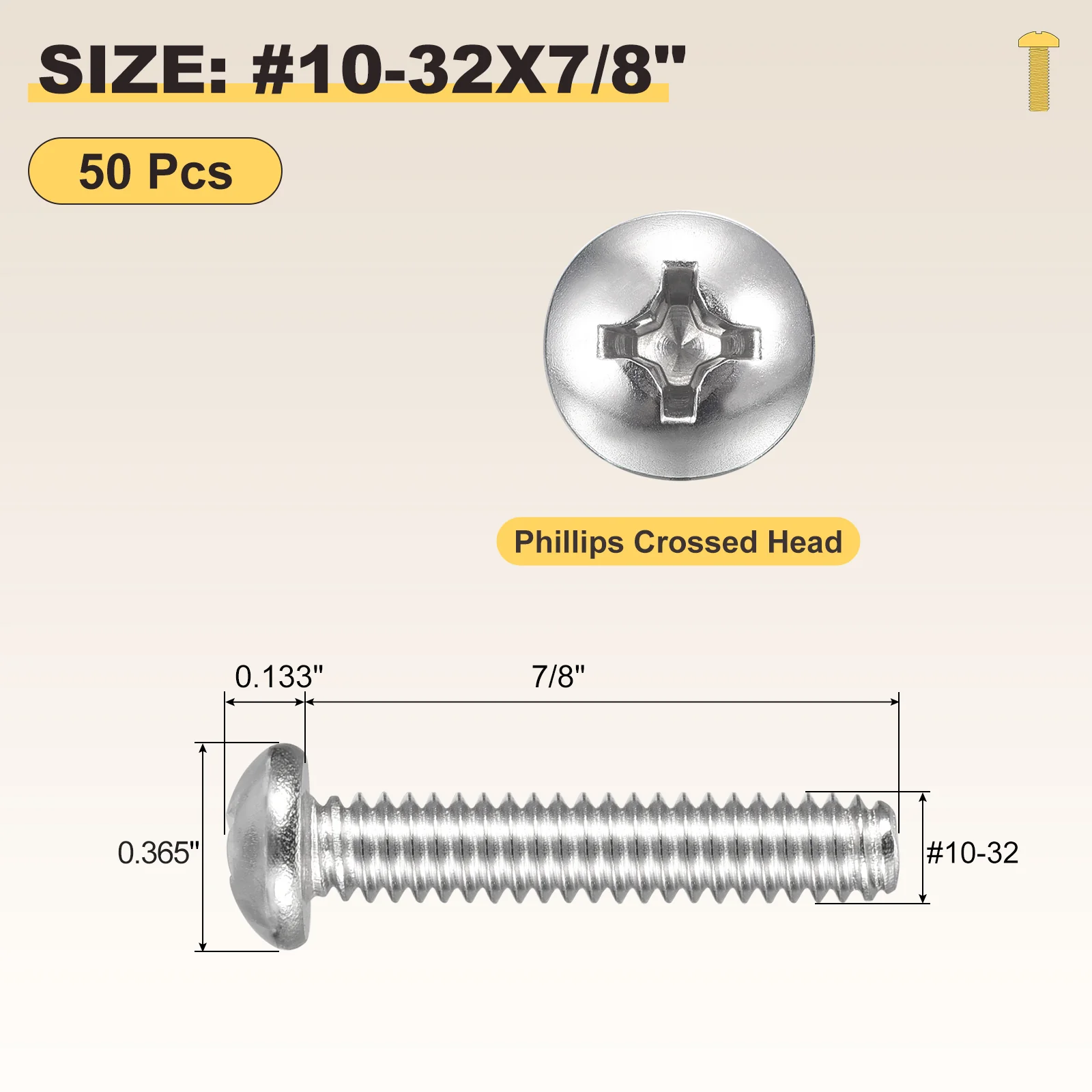Cross Drive Pan Head Bolts #10-32x7/8" 50Pcs Stainless Steel for DIY, Silver - Image 2