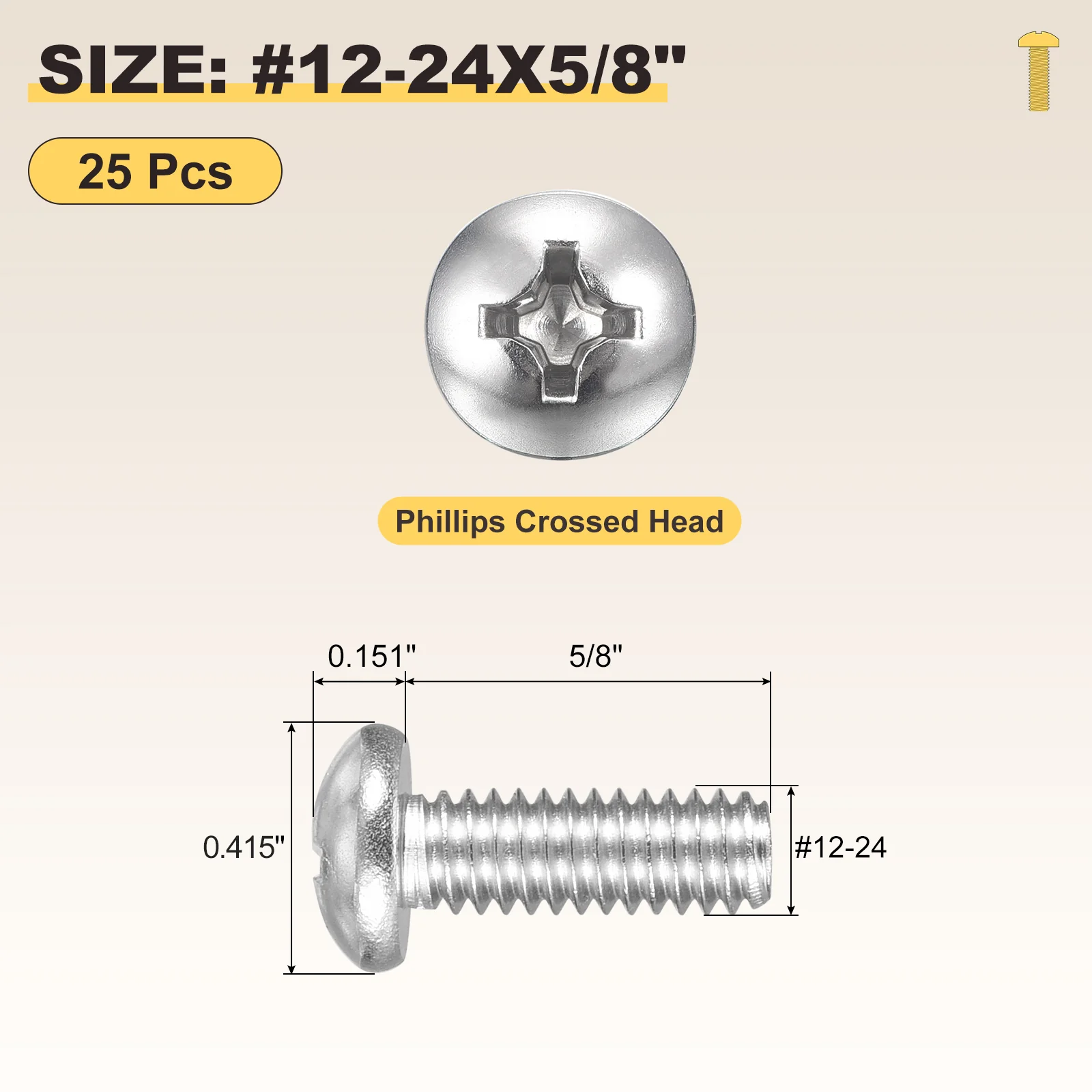 Cross Drive Pan Head Bolts #12-24x5/8" 25Pcs Stainless Steel for DIY, Silver - Image 2