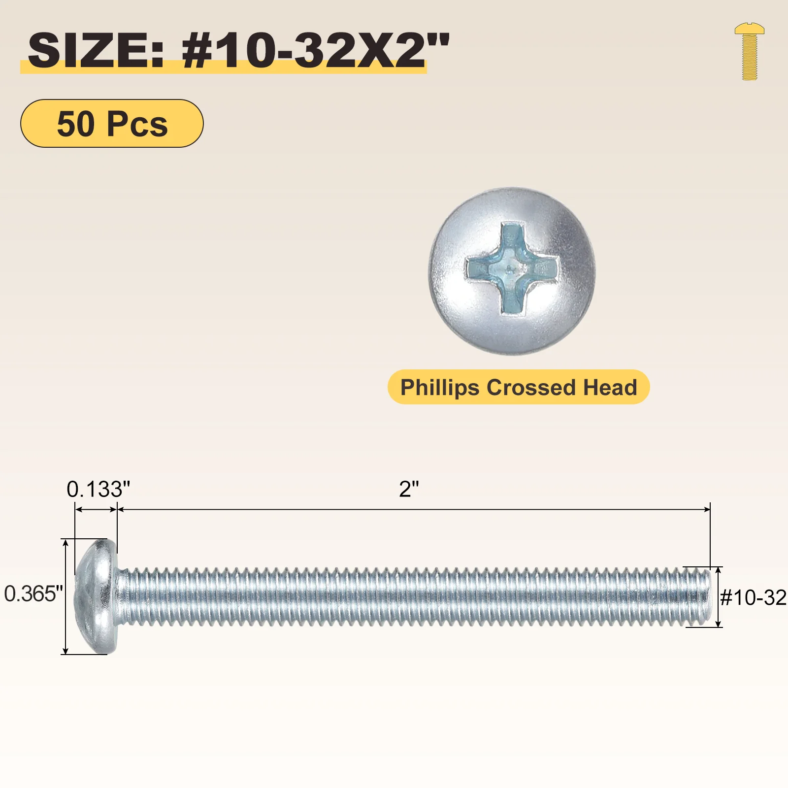 Cross Drive Pan Head Bolt #10-32x2" 50Pcs Carbon Steel Blue-tinged Silver - Image 2