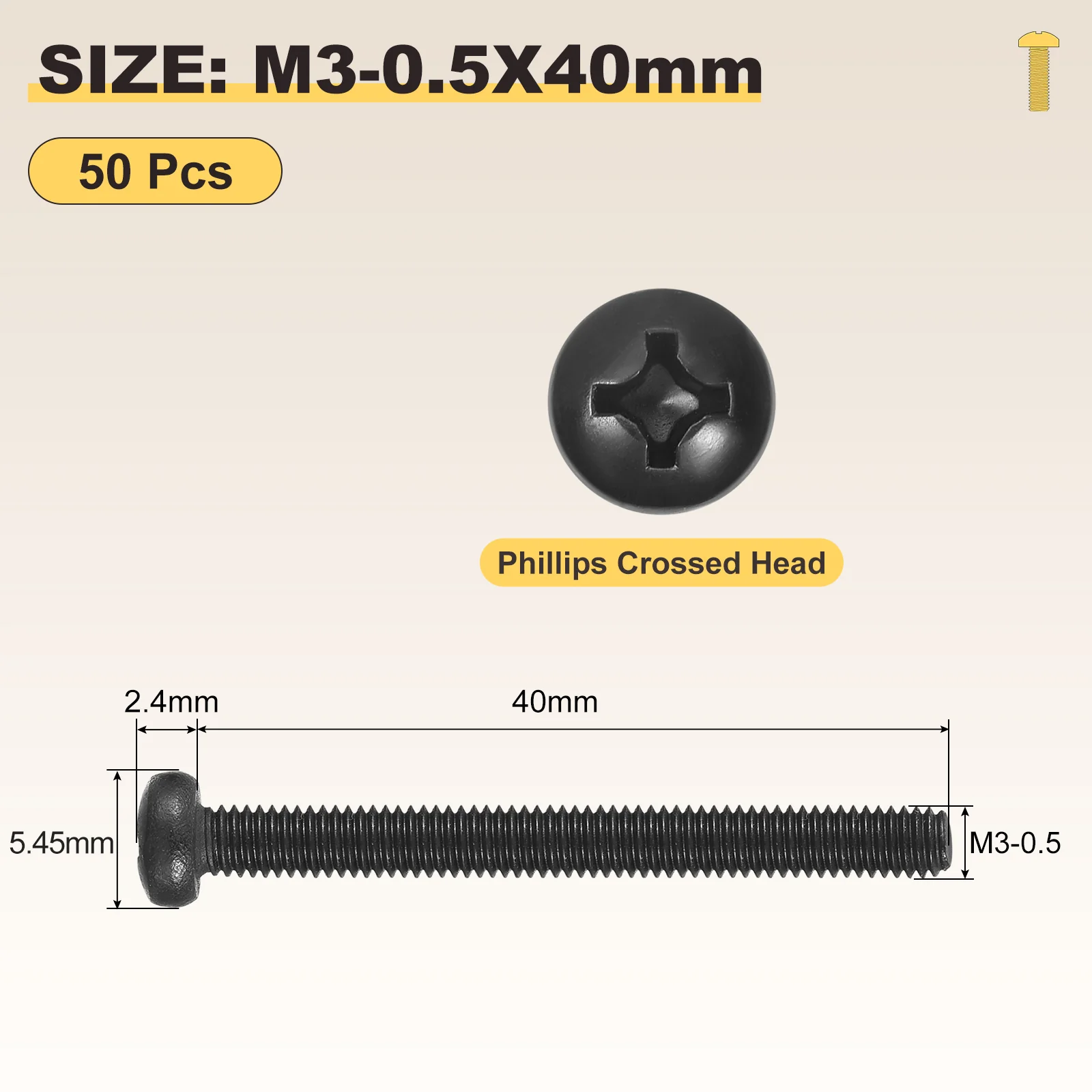 Phillips Pan Head Bolts M3-0.5x40 50Pcs Stainless Steel for Door Window - Image 2