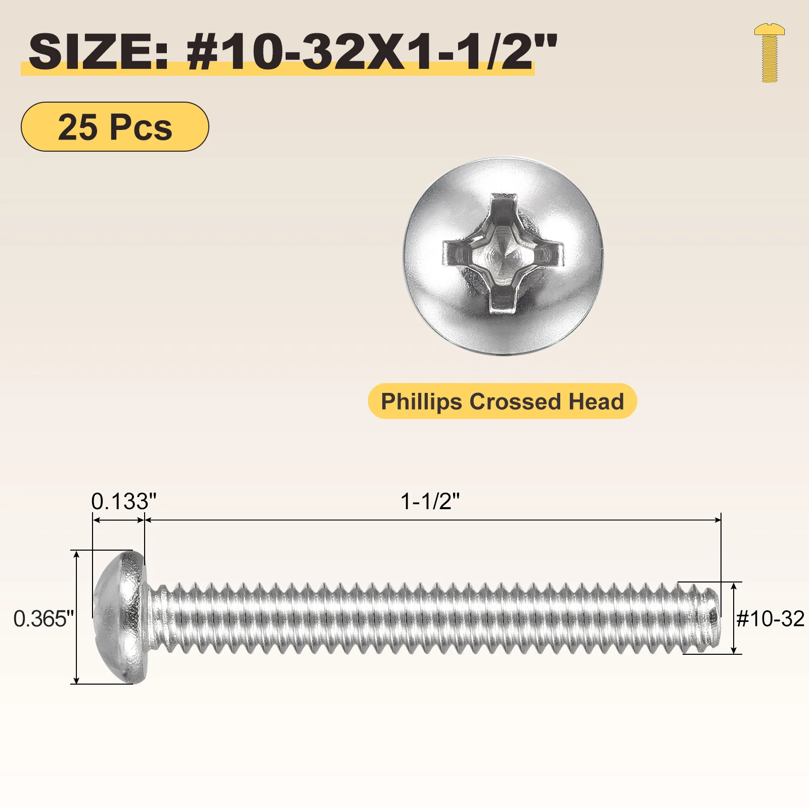 Cross Drive Pan Head Bolts #10-32x1-1/2" 25Pcs Stainless Steel for DIY, Silver - Image 2