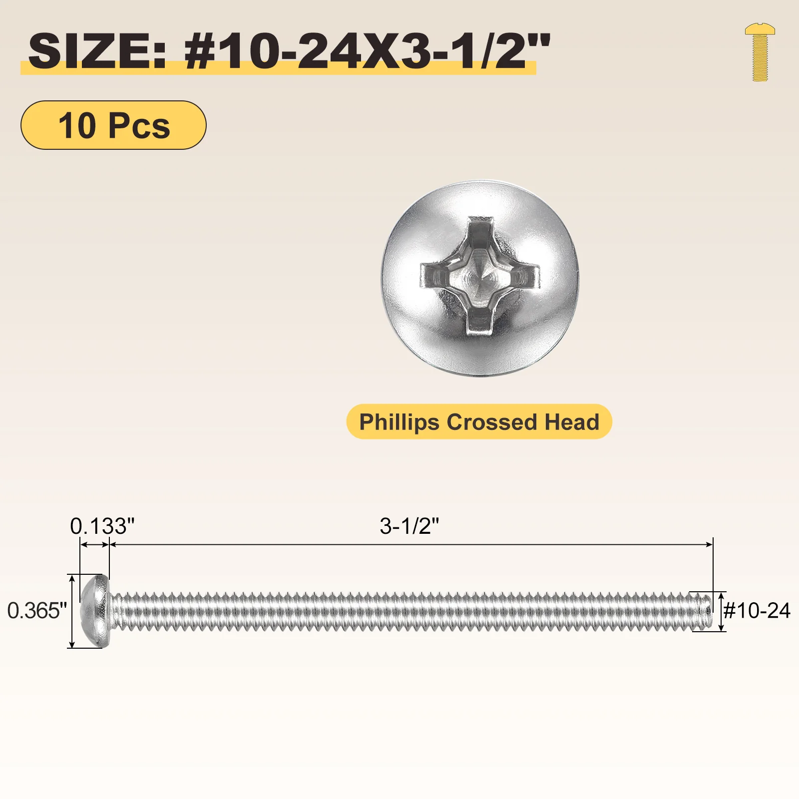 Cross Drive Pan Head Bolts #10-24x3-1/2" 10Pcs Stainless Steel for DIY, Silver - Image 2