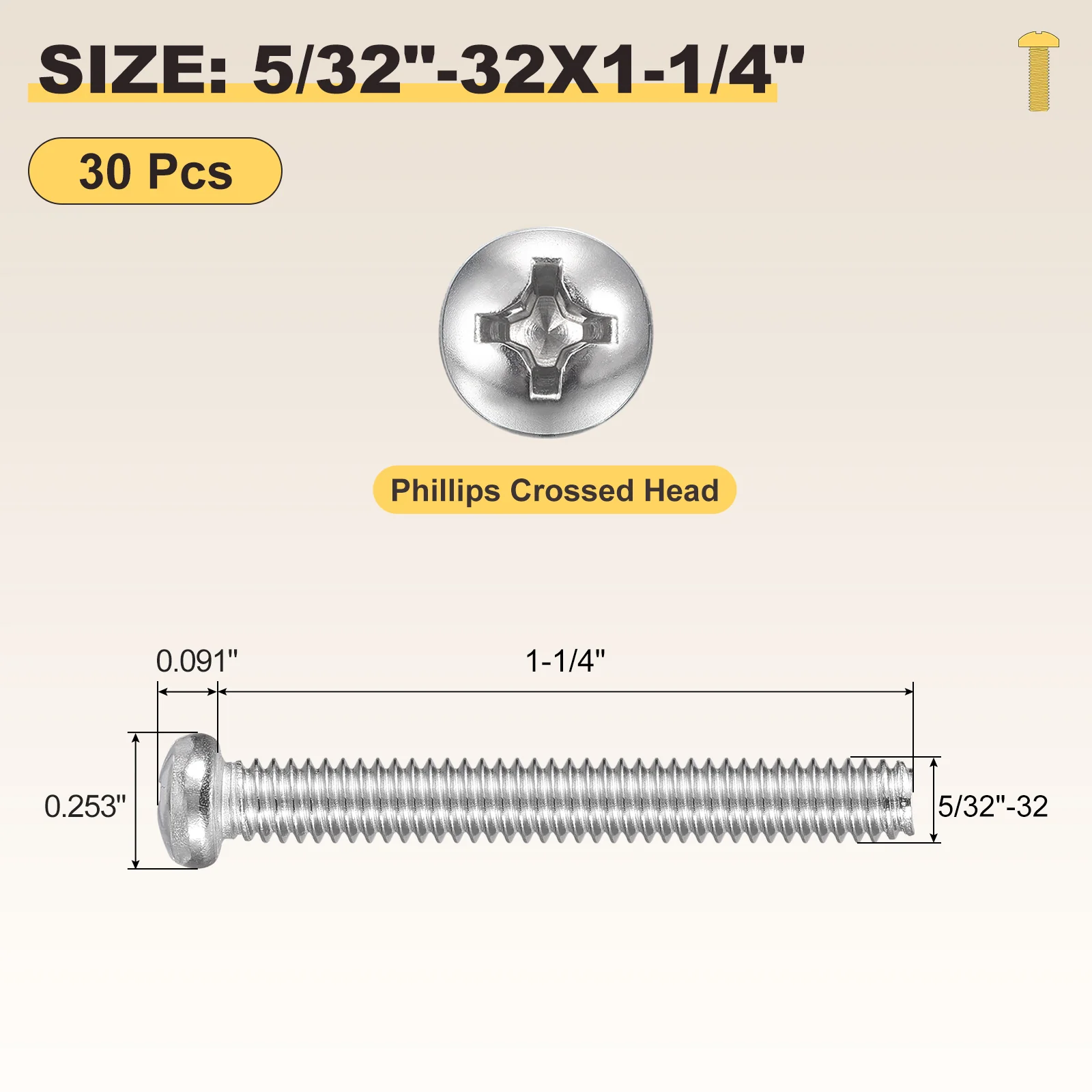 Cross Drive Pan Head Bolts 5/32"-32x1-1/4" 30Pcs Stainless Steel for DIY Silver - Image 2