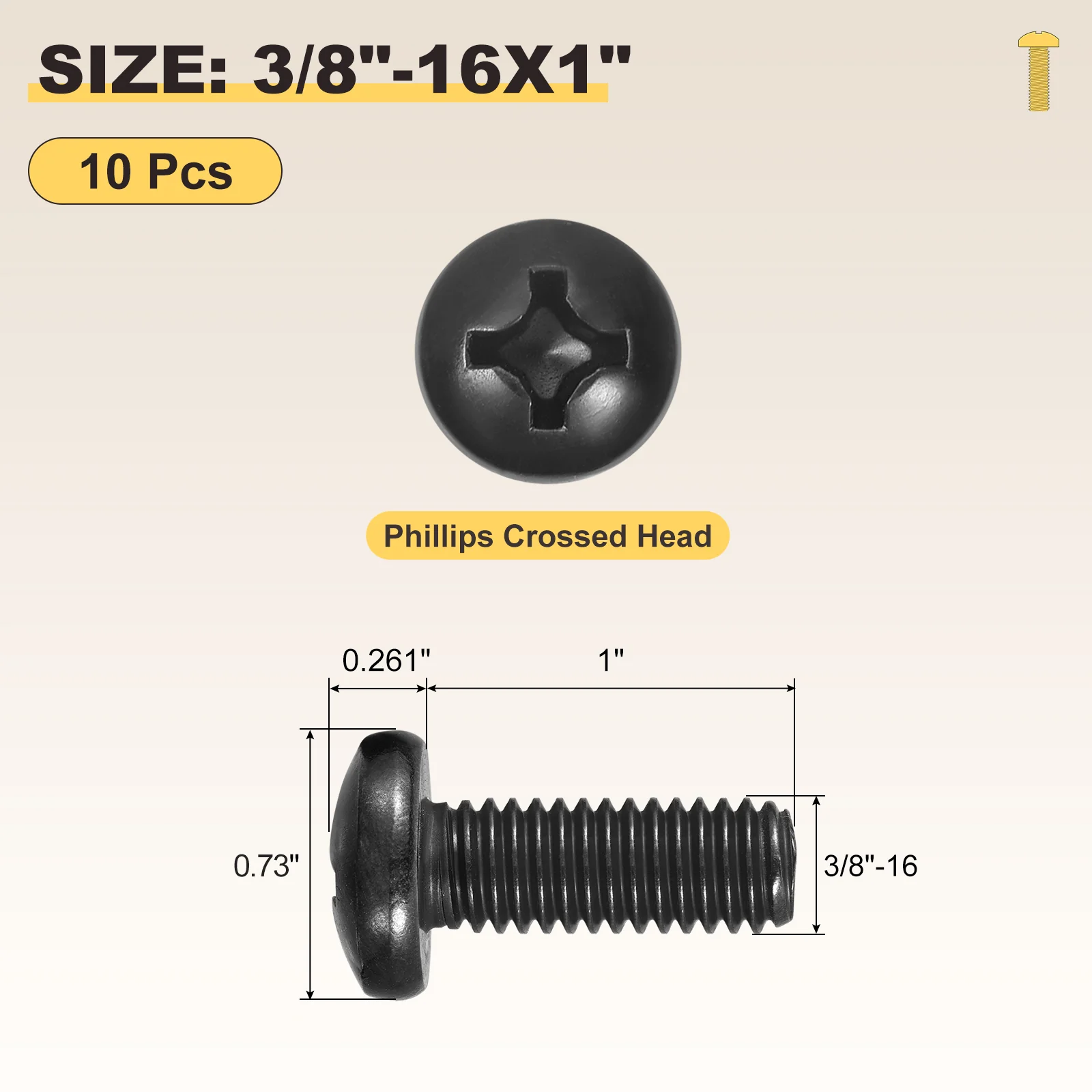 Phillips Pan Head Bolts 3/8"-16x1" 10Pcs Stainless Steel for Door Window - Image 2