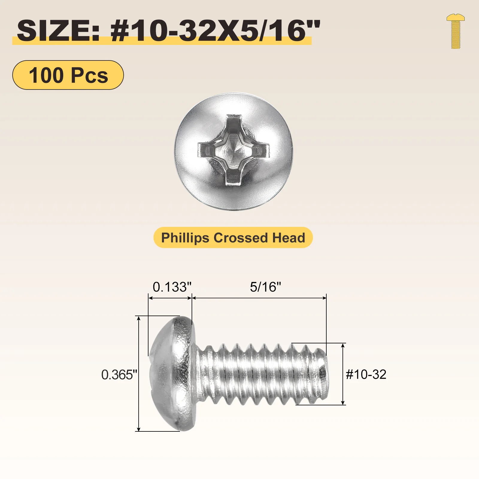 Cross Drive Pan Head Bolts #10-32x5/16" 100Pcs Stainless Steel for DIY, Silver - Image 2