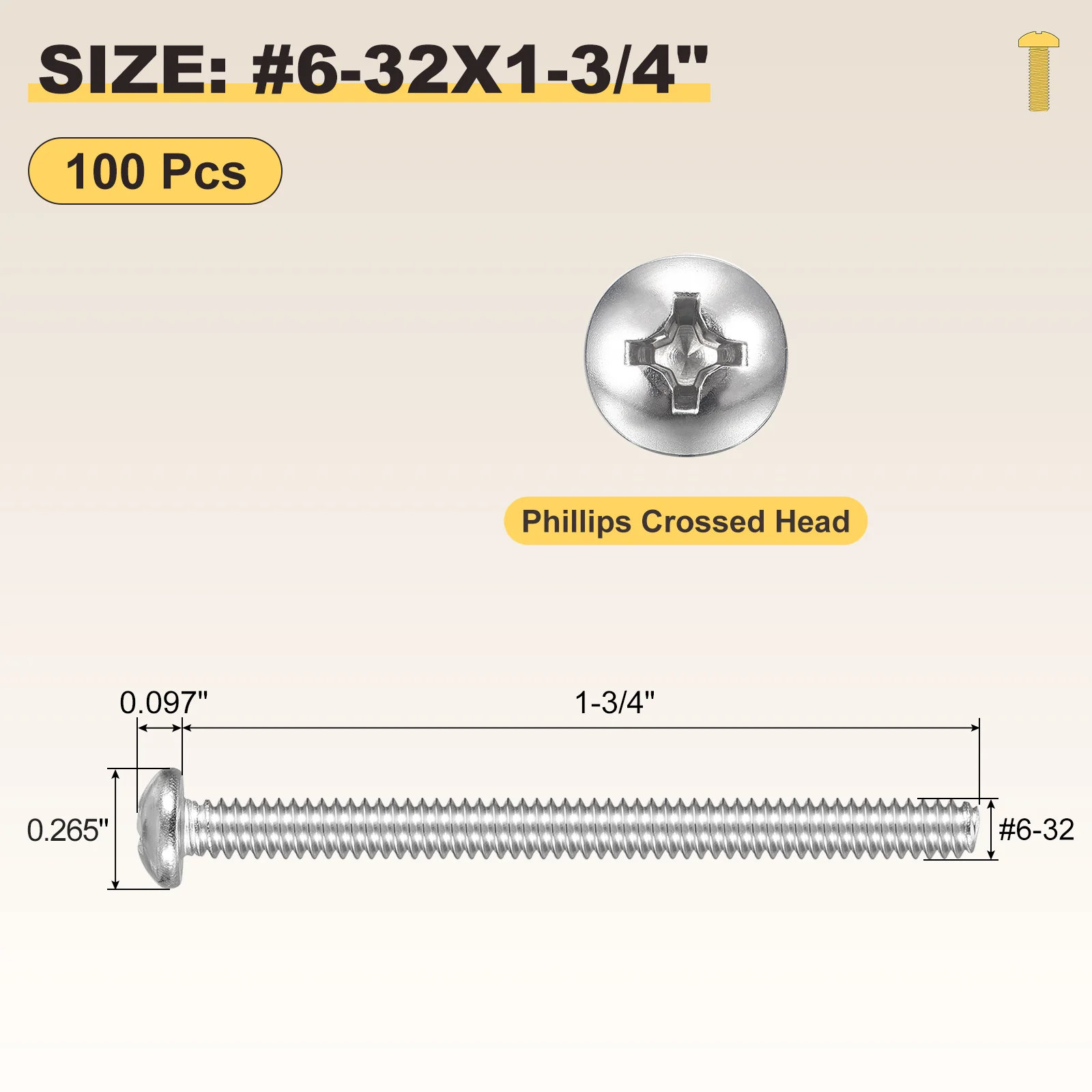 Cross Drive Pan Head Bolts #6-32x1-3/4" 100Pcs Stainless Steel for DIY, Silver - Image 2