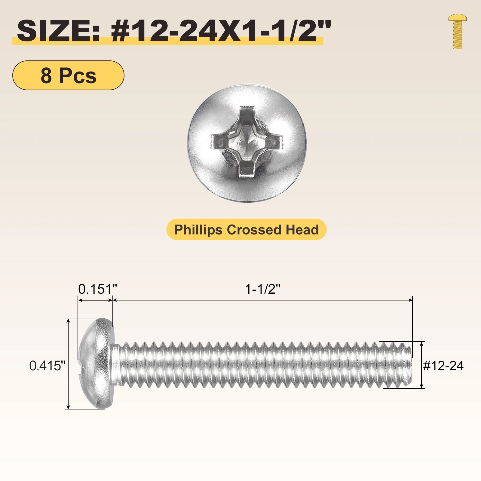 Cross Drive Pan Head Bolts #12-24x1-1/2" 8Pcs Stainless Steel for DIY, Silver - Image 2