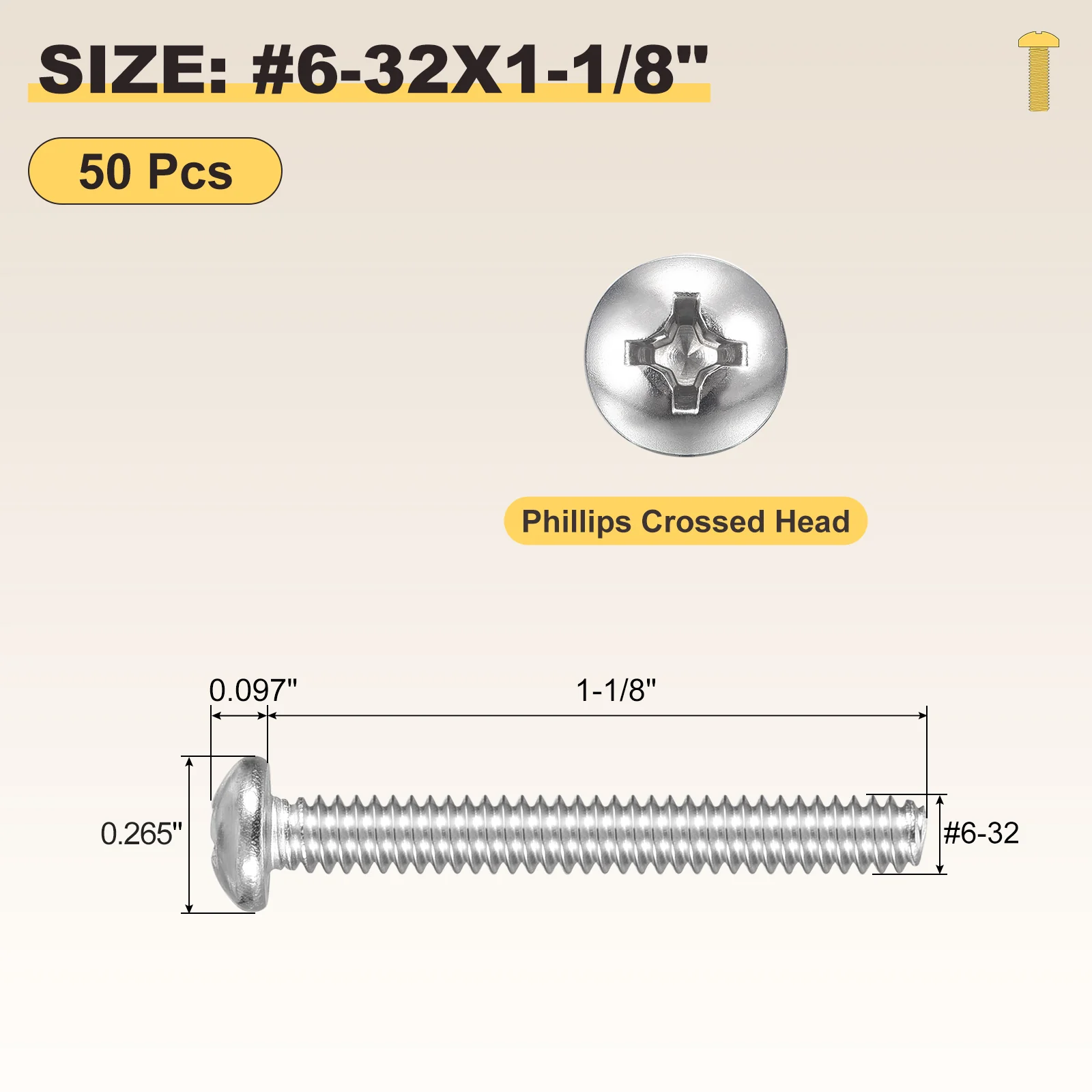 Cross Drive Pan Head Bolts #6-32x1-1/8" 50Pcs Stainless Steel for DIY, Silver - Image 2