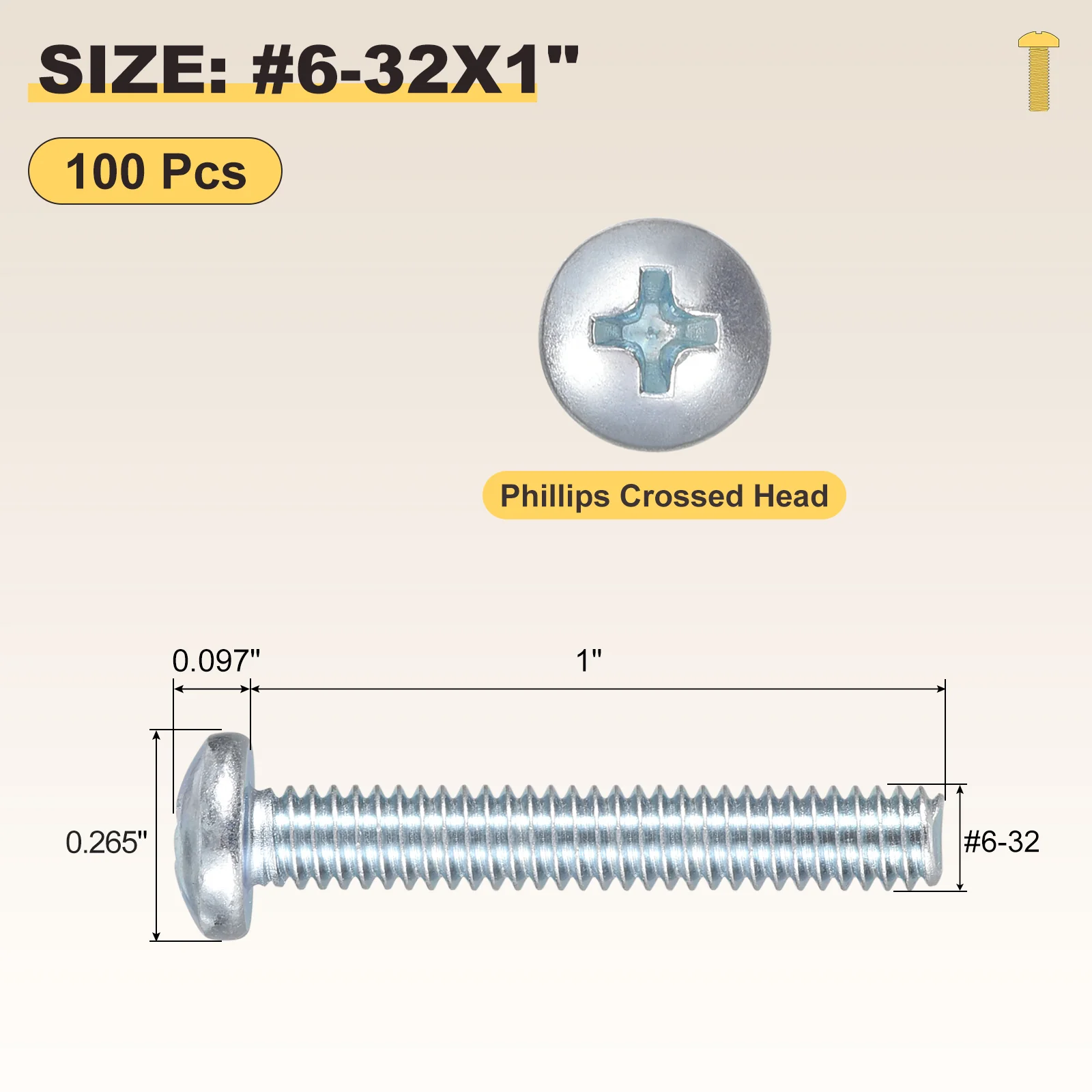 Cross Drive Pan Head Bolt #6-32x1" 100Pcs Carbon Steel Blue-tinged Silver - Image 2