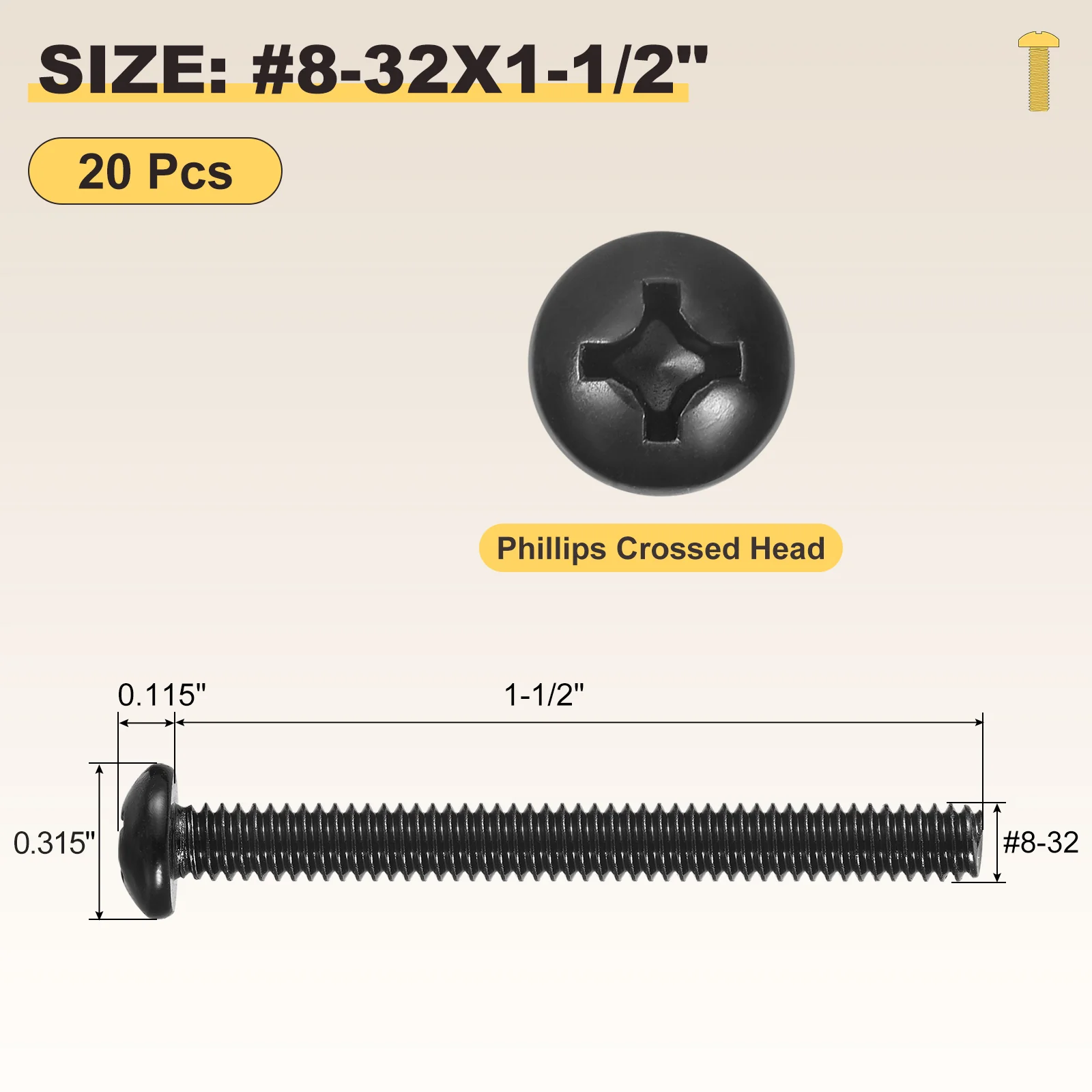 Phillips Pan Head Bolts #8-32x1-1/2" 20Pcs Carbon Steel for Door Window Black - Image 2