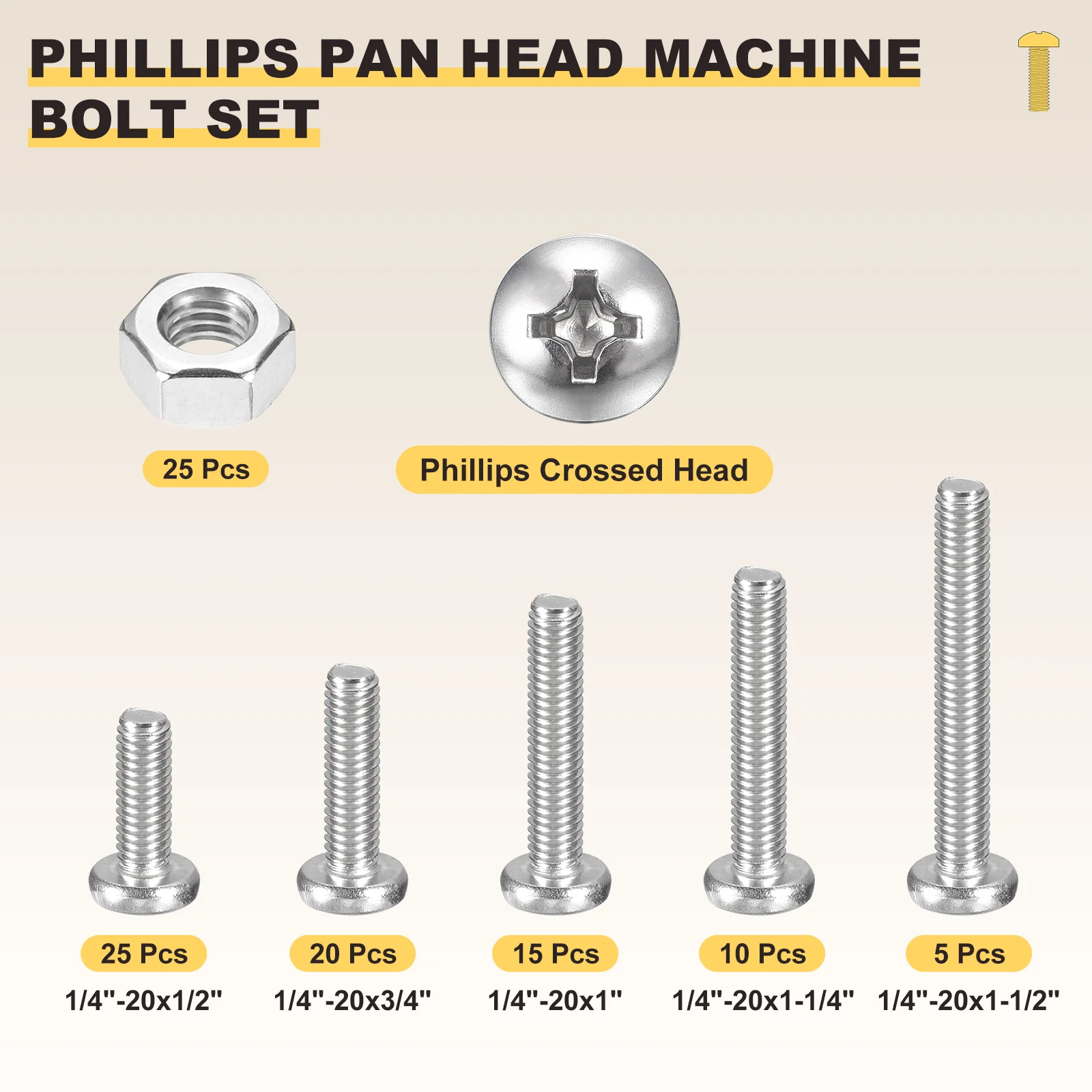 Cross Drive Pan Head Bolts Kit 1/4"-20 100Pcs Stainless Steel with Hex Nut - Image 2