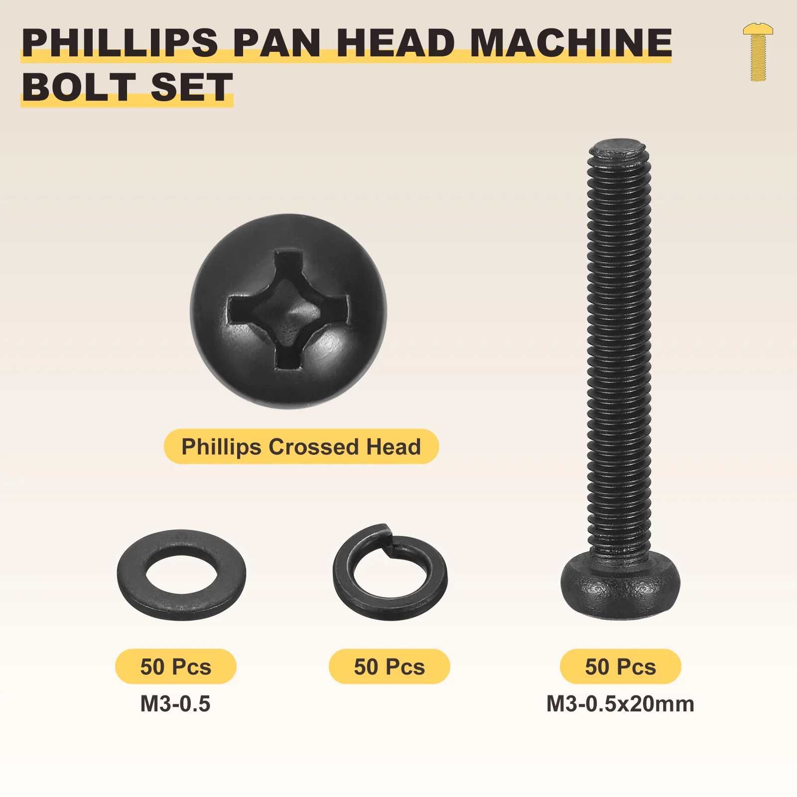 Phillips Pan Head Bolts Kit M3-0.5x20 150Pcs Carbon Steel Washer Set for Window - Image 2