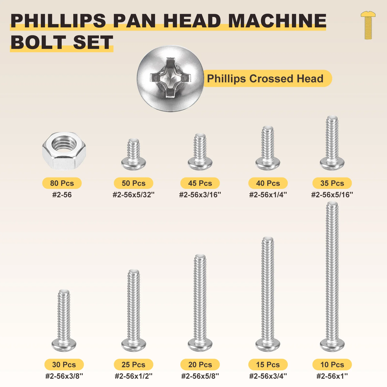 Cross Drive Pan Head Bolts Kit #2-56 350Pcs Stainless Steel with Hex Nut - Image 2