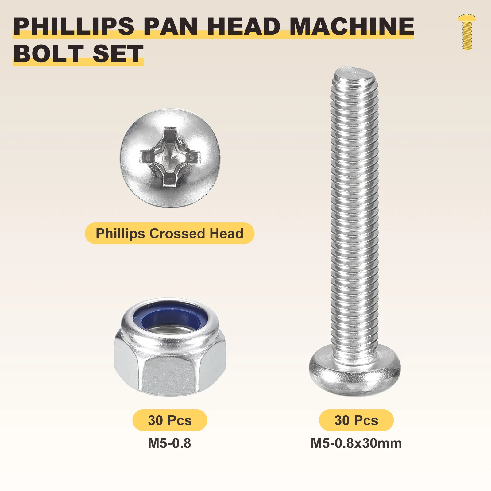 Cross Drive Pan Head Bolts Kit M5-0.8x30 60Pcs Stainless Steel Locknut for Home - Image 2
