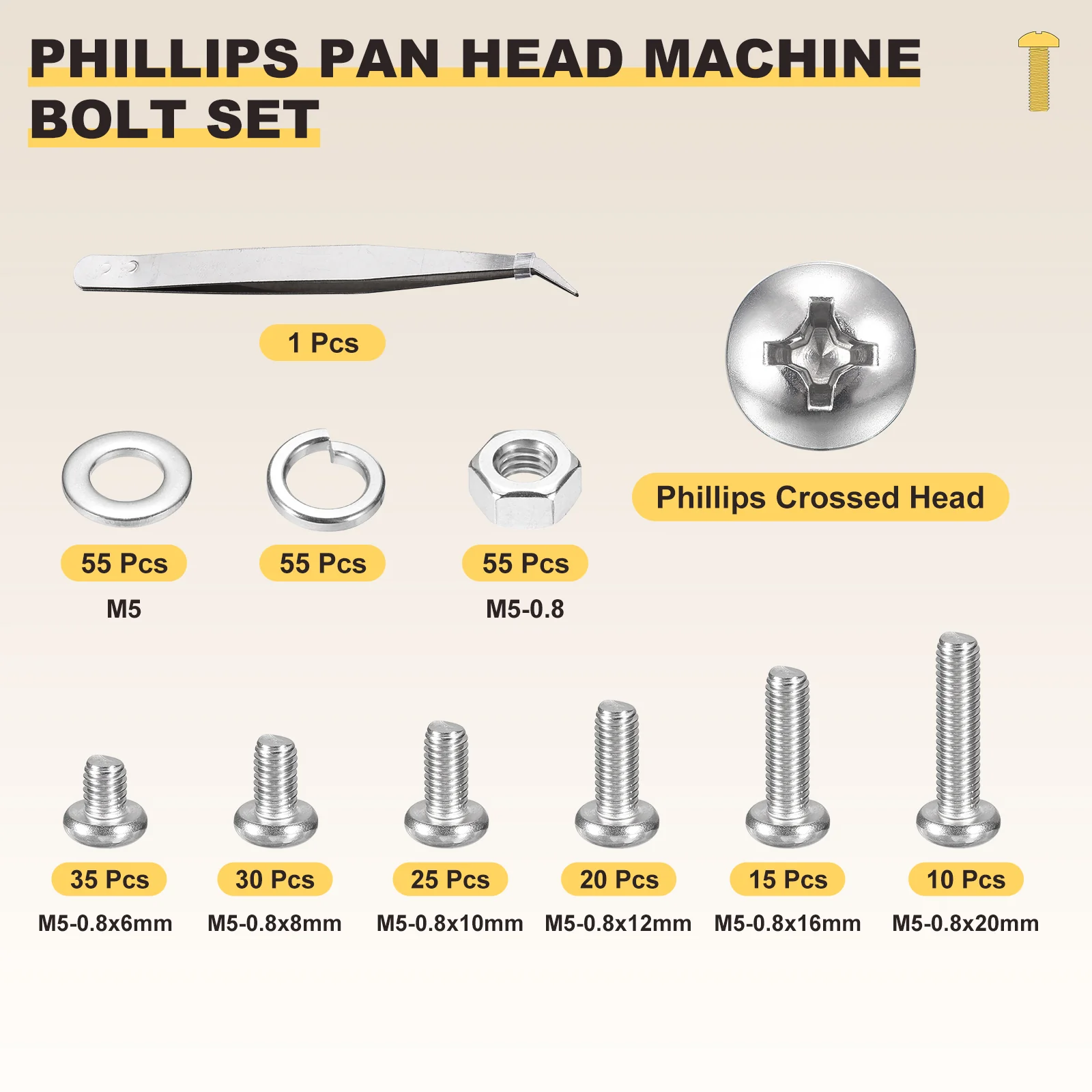 Phillips Pan Head Bolts Kit M5-0.8x10 300Pcs Stainless Steel Nut Washer Tweezer - Image 2
