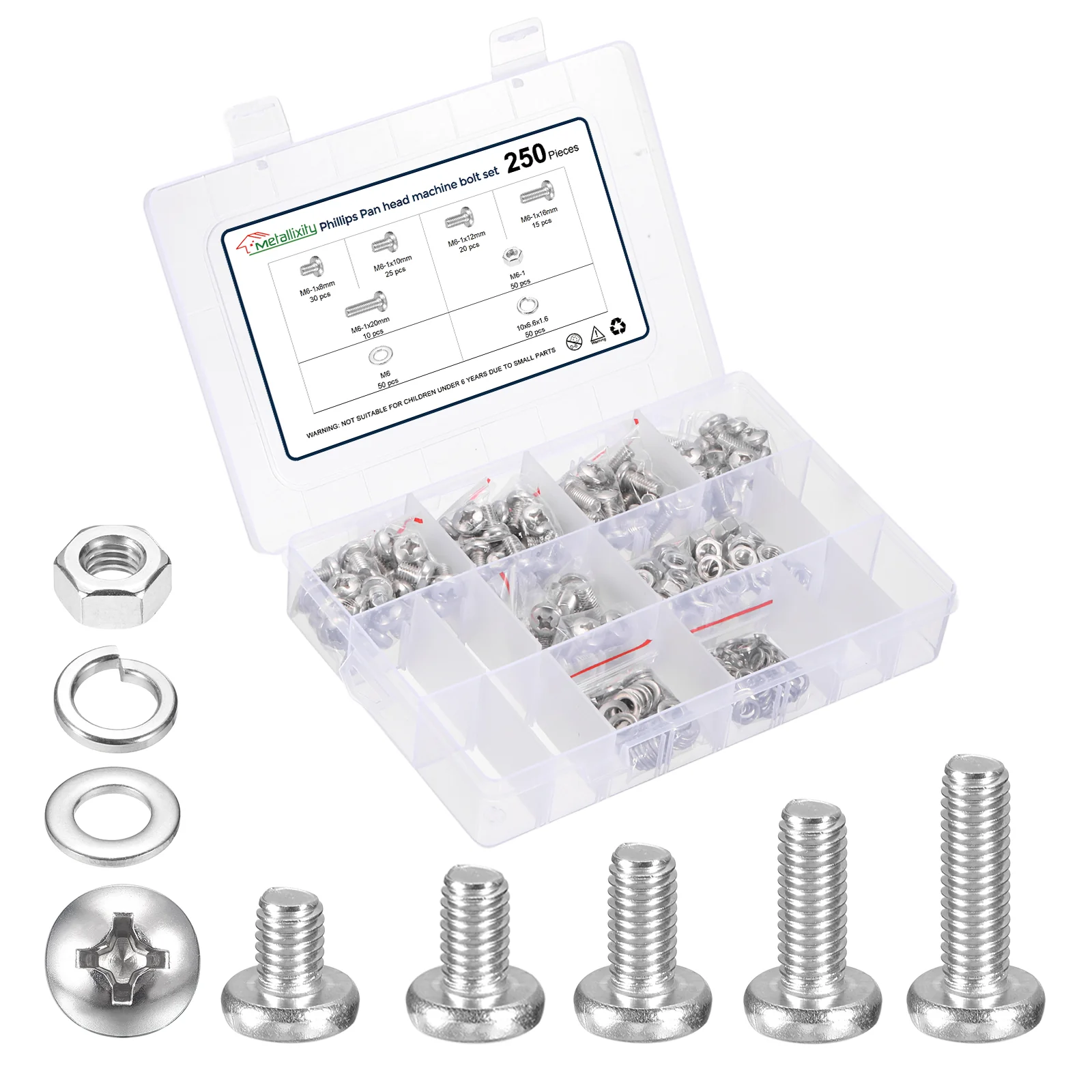 Phillips Pan Head Bolts Kit 250Pcs Stainless Steel Nut Washer