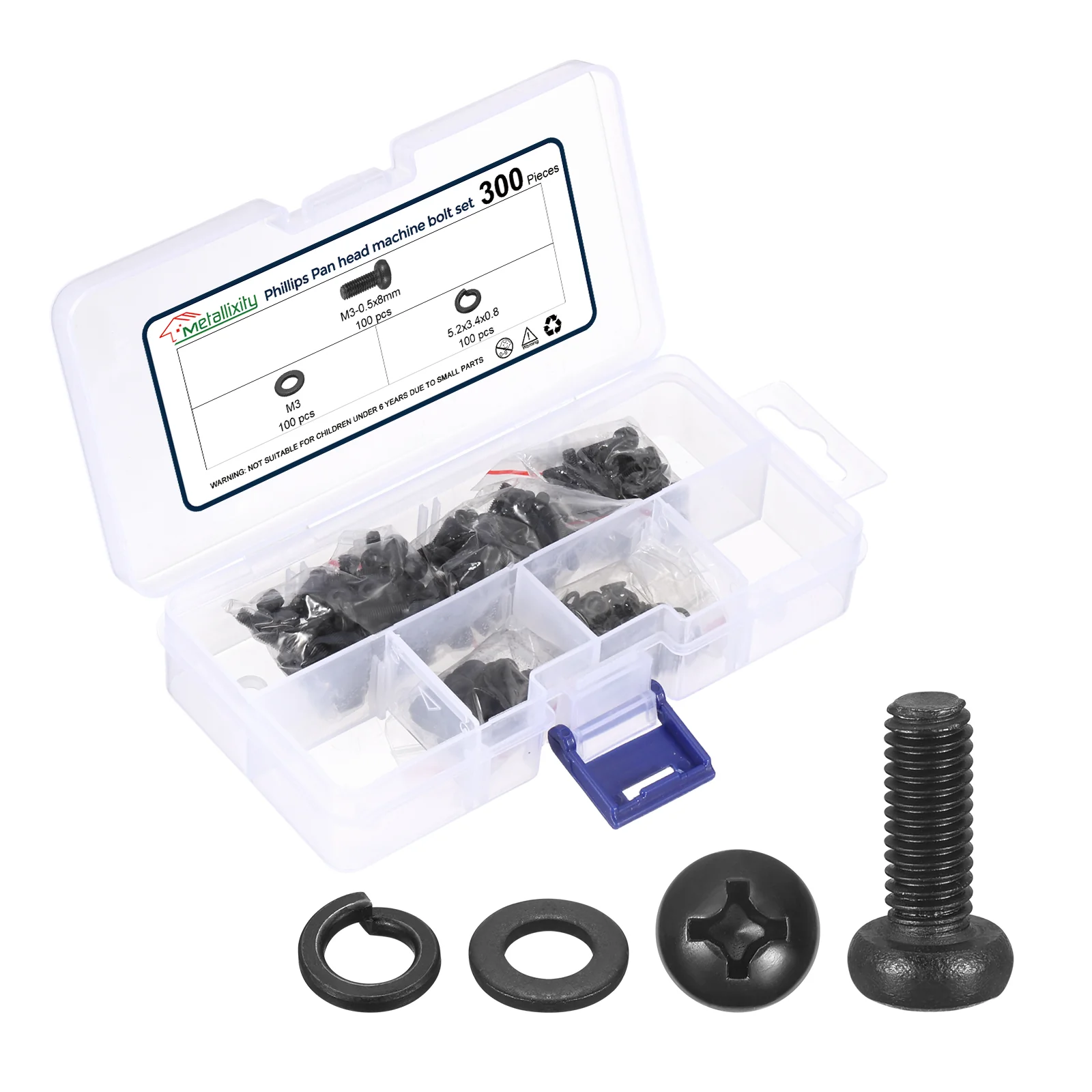 Phillips Pan Head Bolts Kit M3-0.5x8 300Pcs Carbon Steel Washer Set for Window