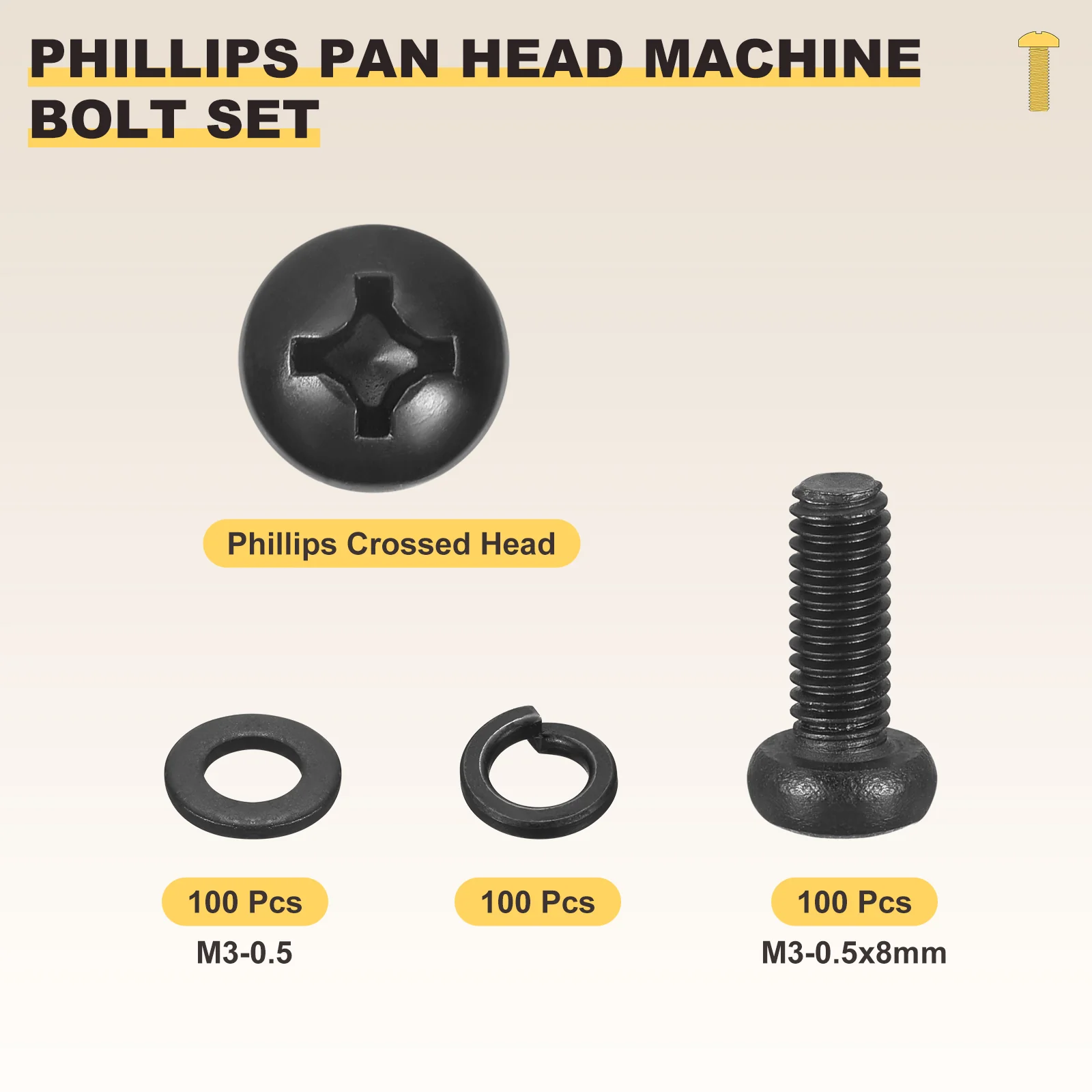 Phillips Pan Head Bolts Kit M3-0.5x8 300Pcs Carbon Steel Washer Set for Window - Image 2