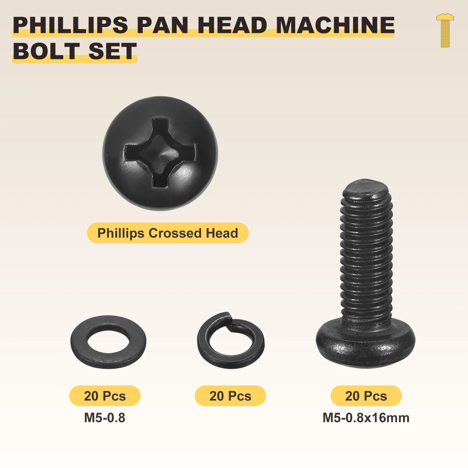 Phillips Pan Head Bolts Kit M5-0.8x16 60Pcs Carbon Steel Washer Set - Image 2