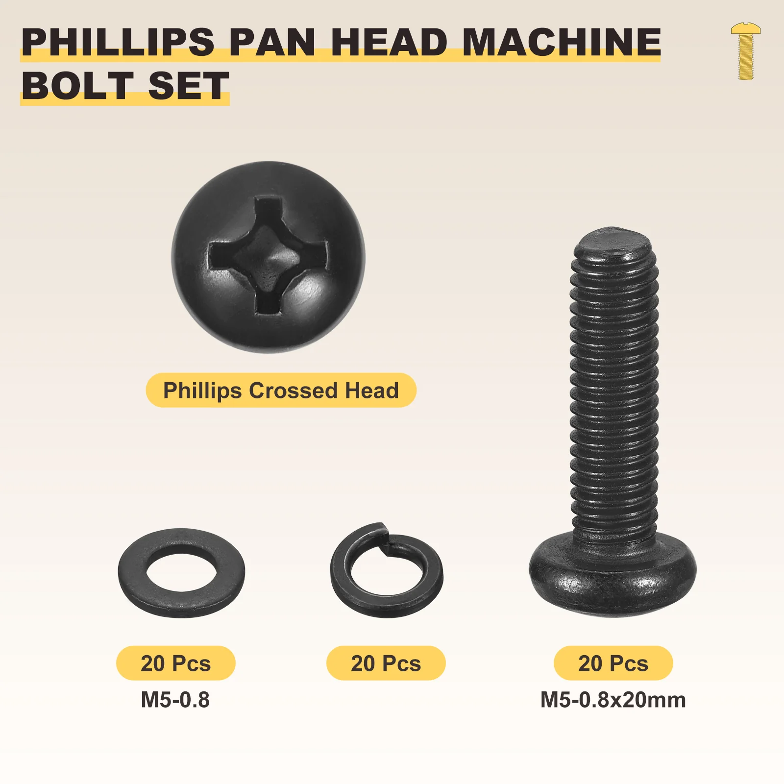 Phillips Pan Head Bolts Kit M5-0.8x20 60Pcs Carbon Steel Washer Set - Image 2