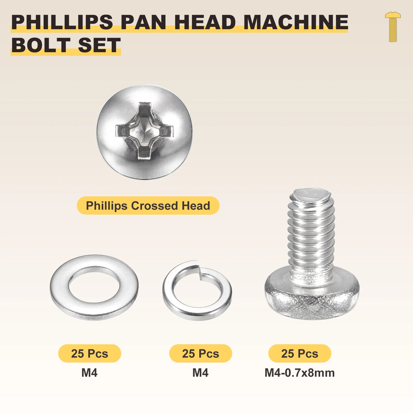 Cross Drive Pan Head Bolts M4-0.7x8 75Pcs Stainless Steel Washer for Window - Image 2