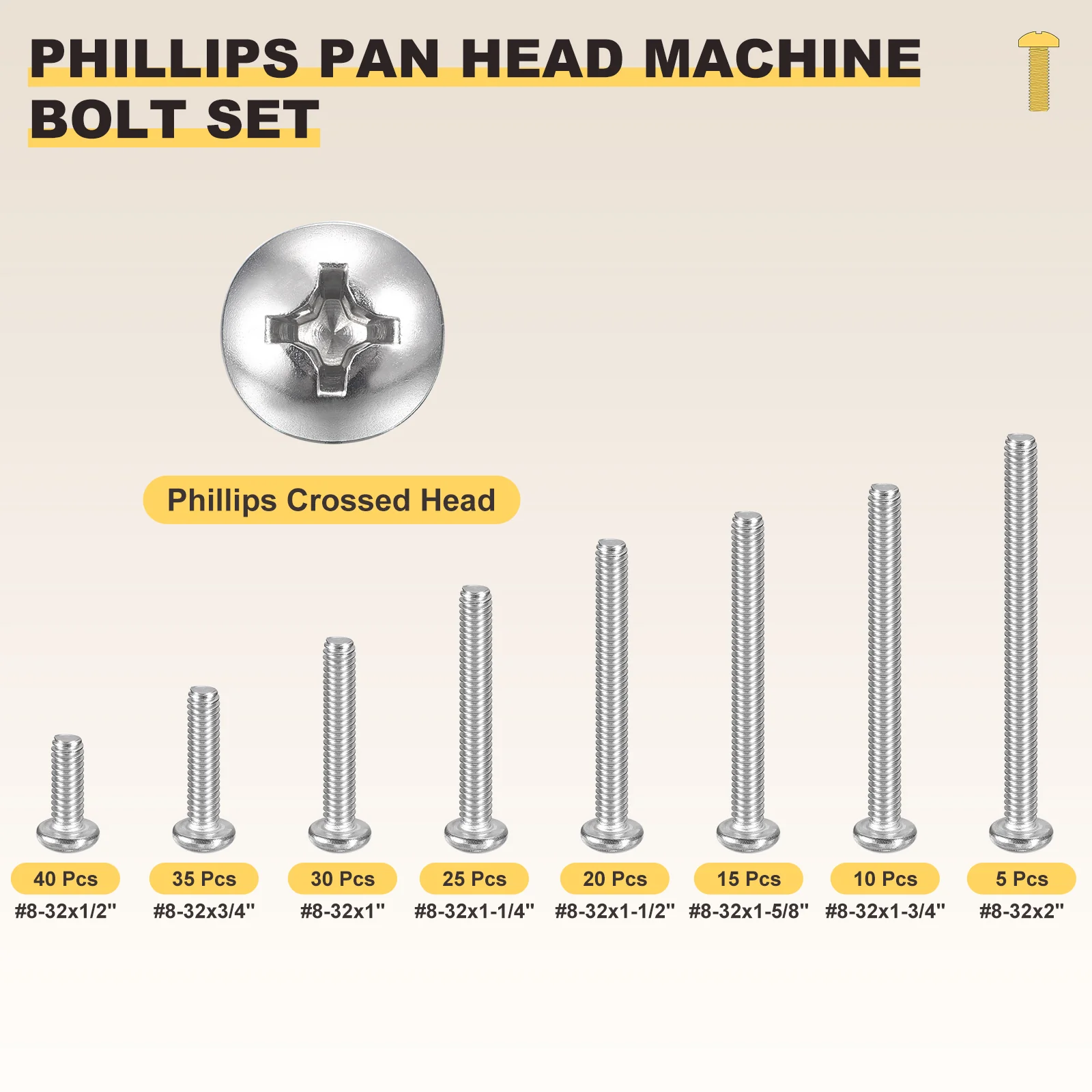 Phillips Pan Head Bolts Kit (#8-32) 180Pcs Stainless Steel - Image 2